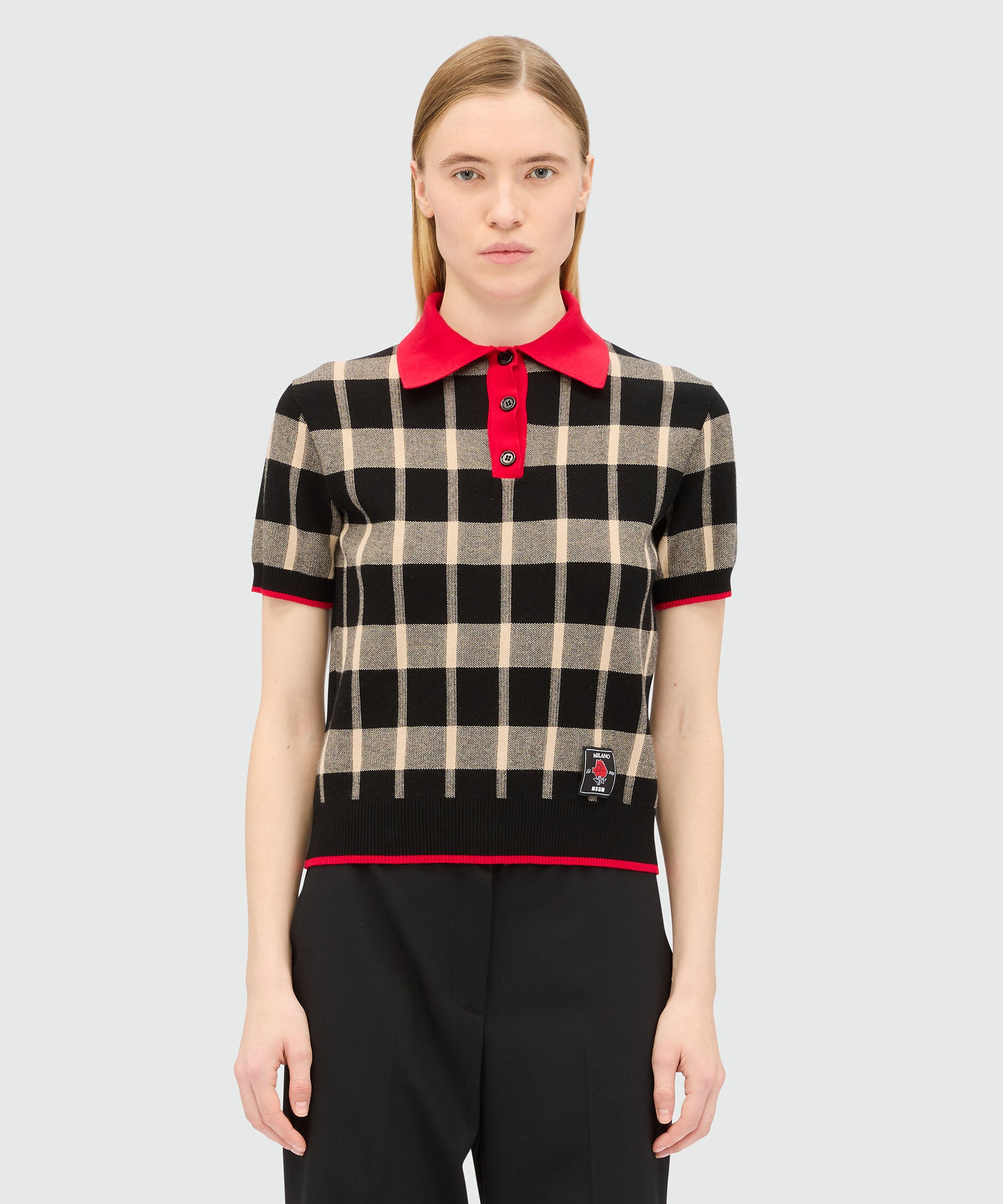 Black short-sleeved polo shirt in techno piquet with check pattern - 2