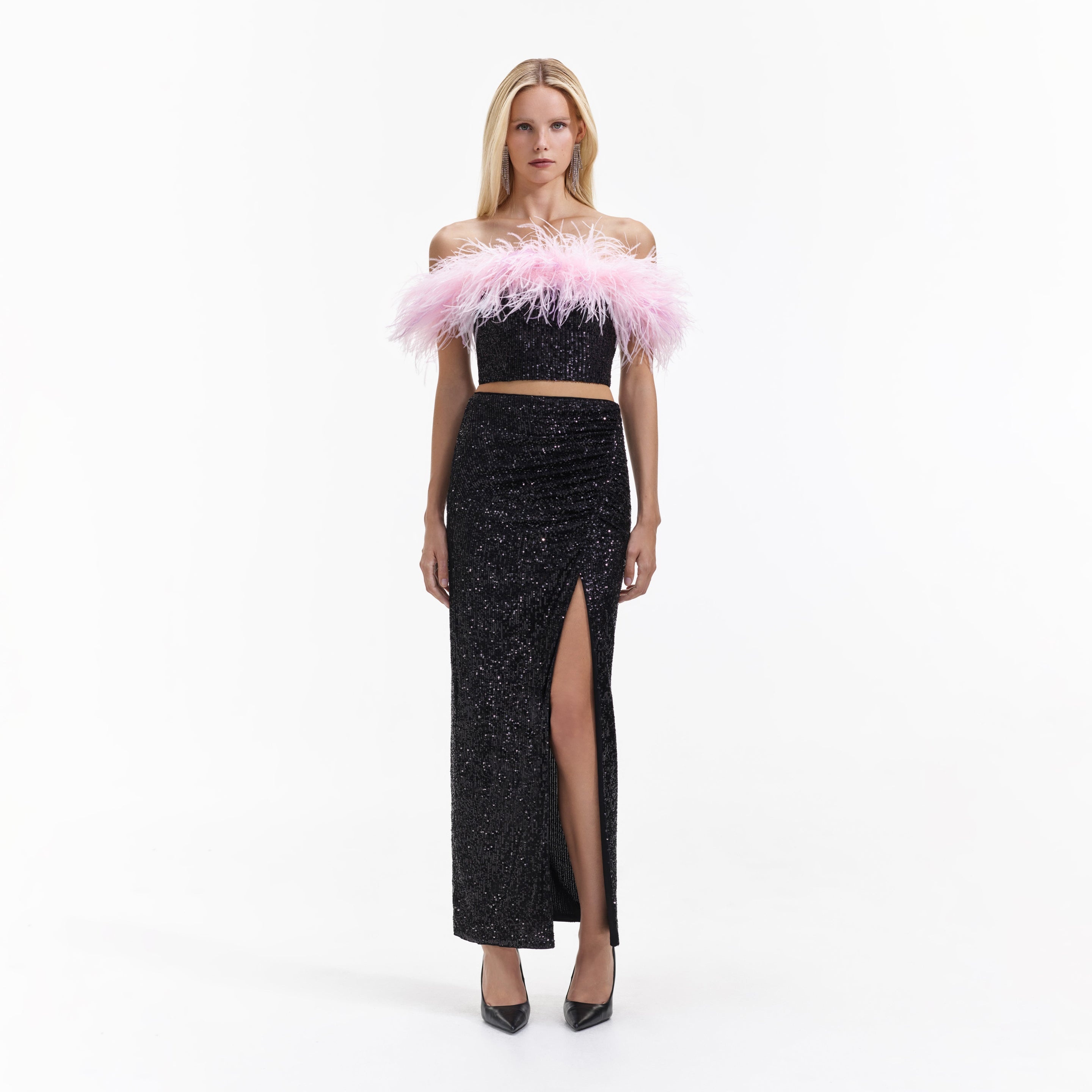 Black Sequin Feather Crop Top - 1