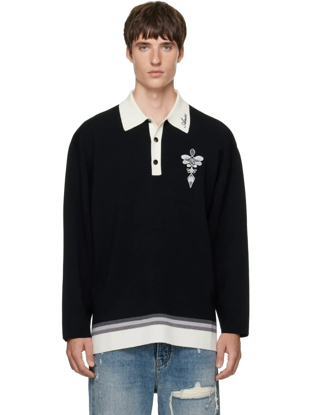 Black Lasso Knit LS Polo - 1