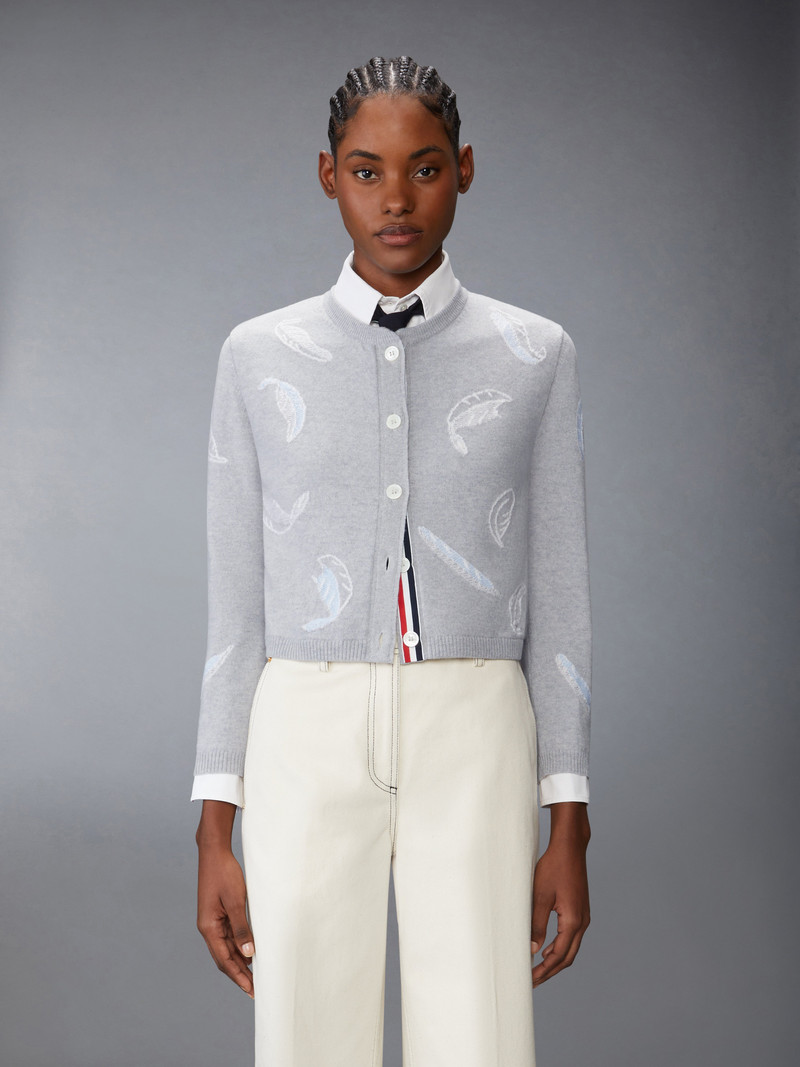 Thom Browne FEATHER INTARSIA PRINTED SILK TWILL CREW NECK CARDIGAN outlook