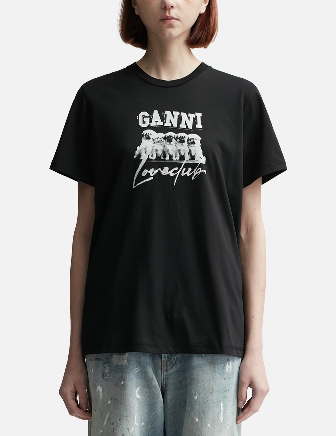 GANNI THIN JERSEY PUPPY LOVE RELAXED T-SHIRT | hbx | REVERSIBLE