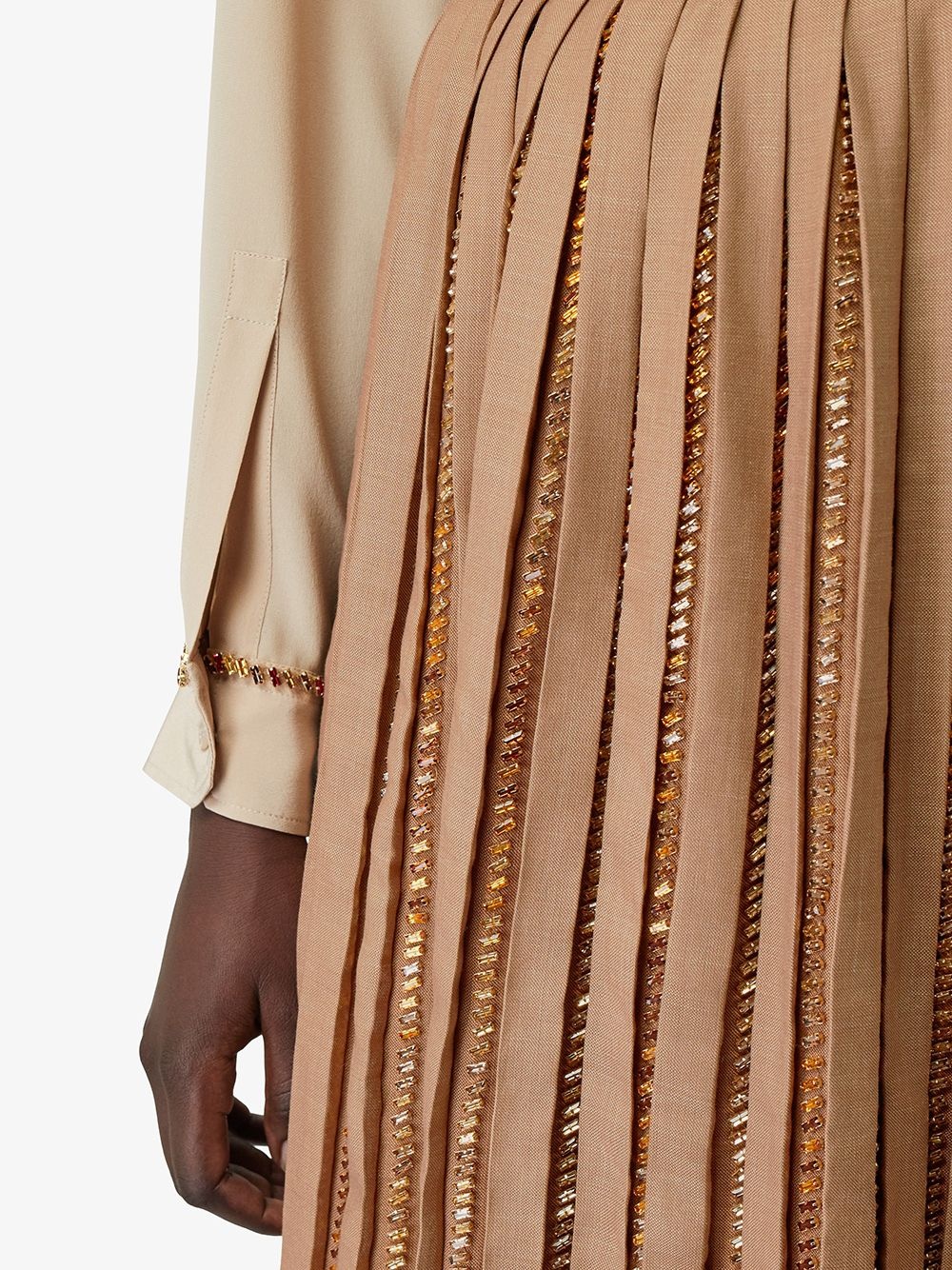 Crystal Detail Plissé Soleil Wool Silk Blend Skirt - 5