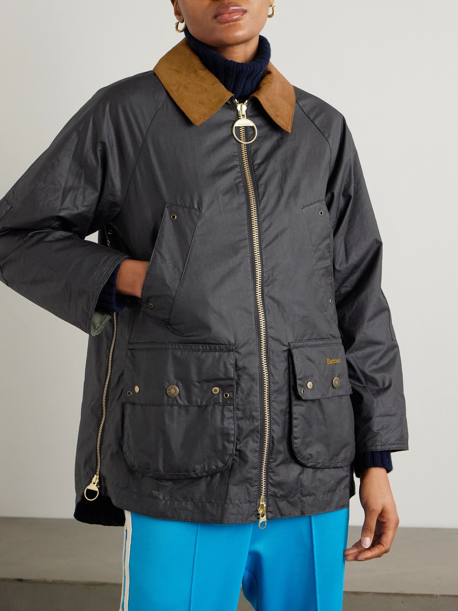 Raelynn corduroy-trimmed waxed-cotton jacket Black - 3