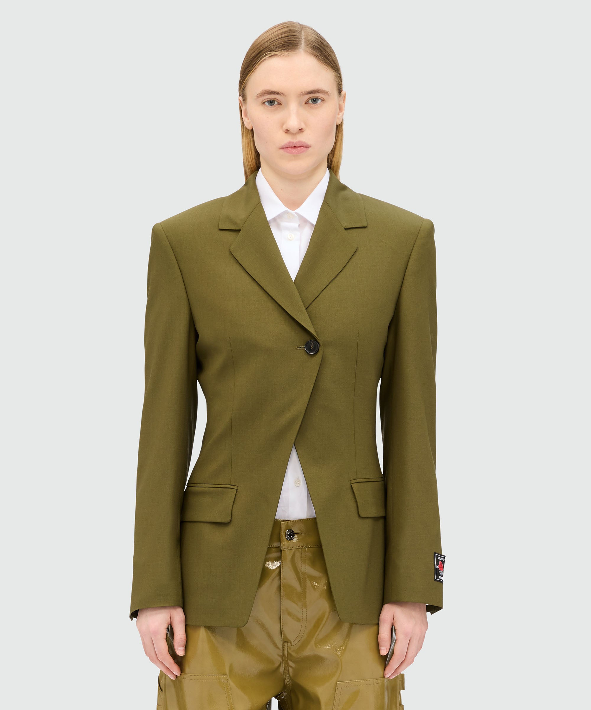 Olive green single-breasted jacket in cool asymmetric wool - 2