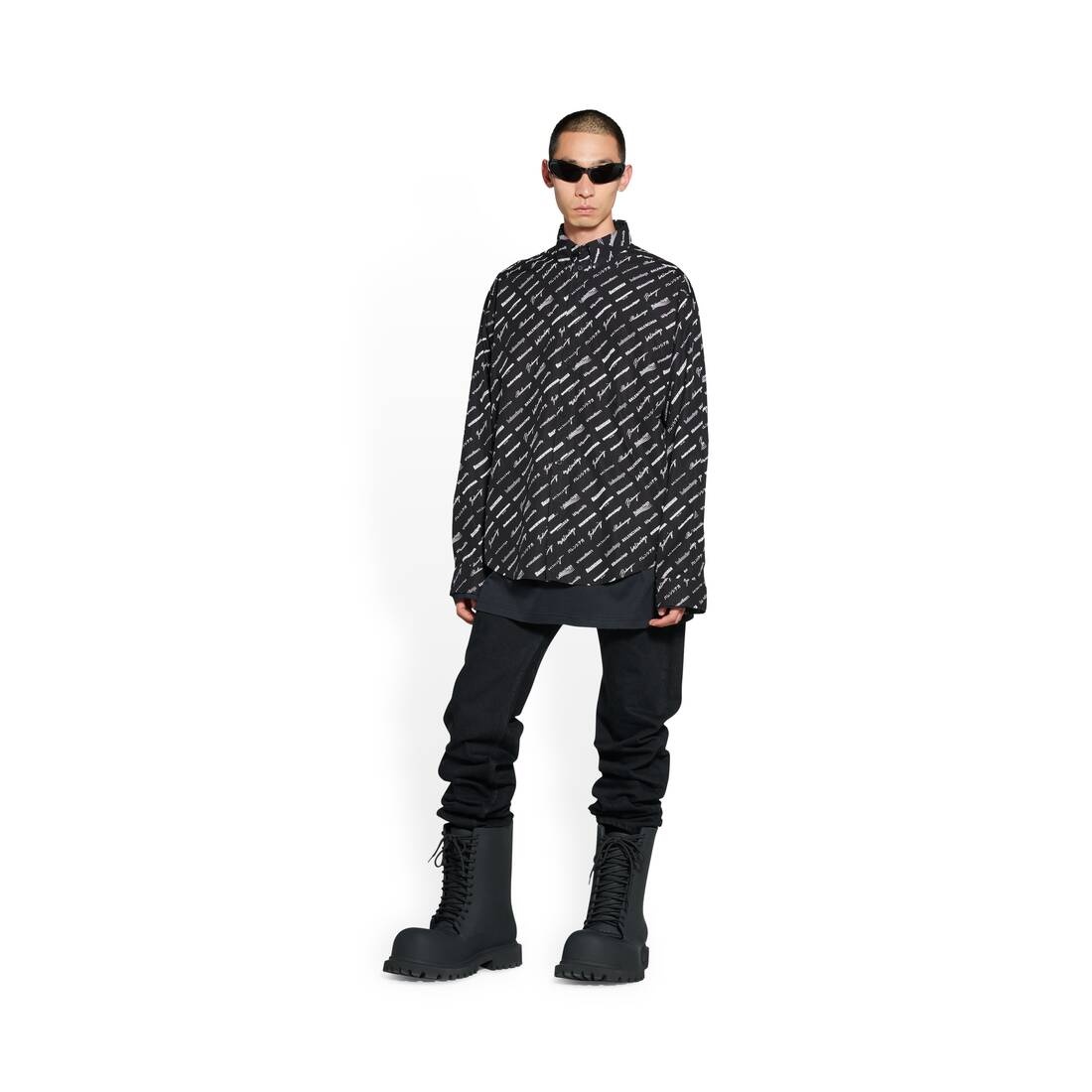 Men's Logomania All Over Long Sleeve Shirt Large Fit in Black - 2
