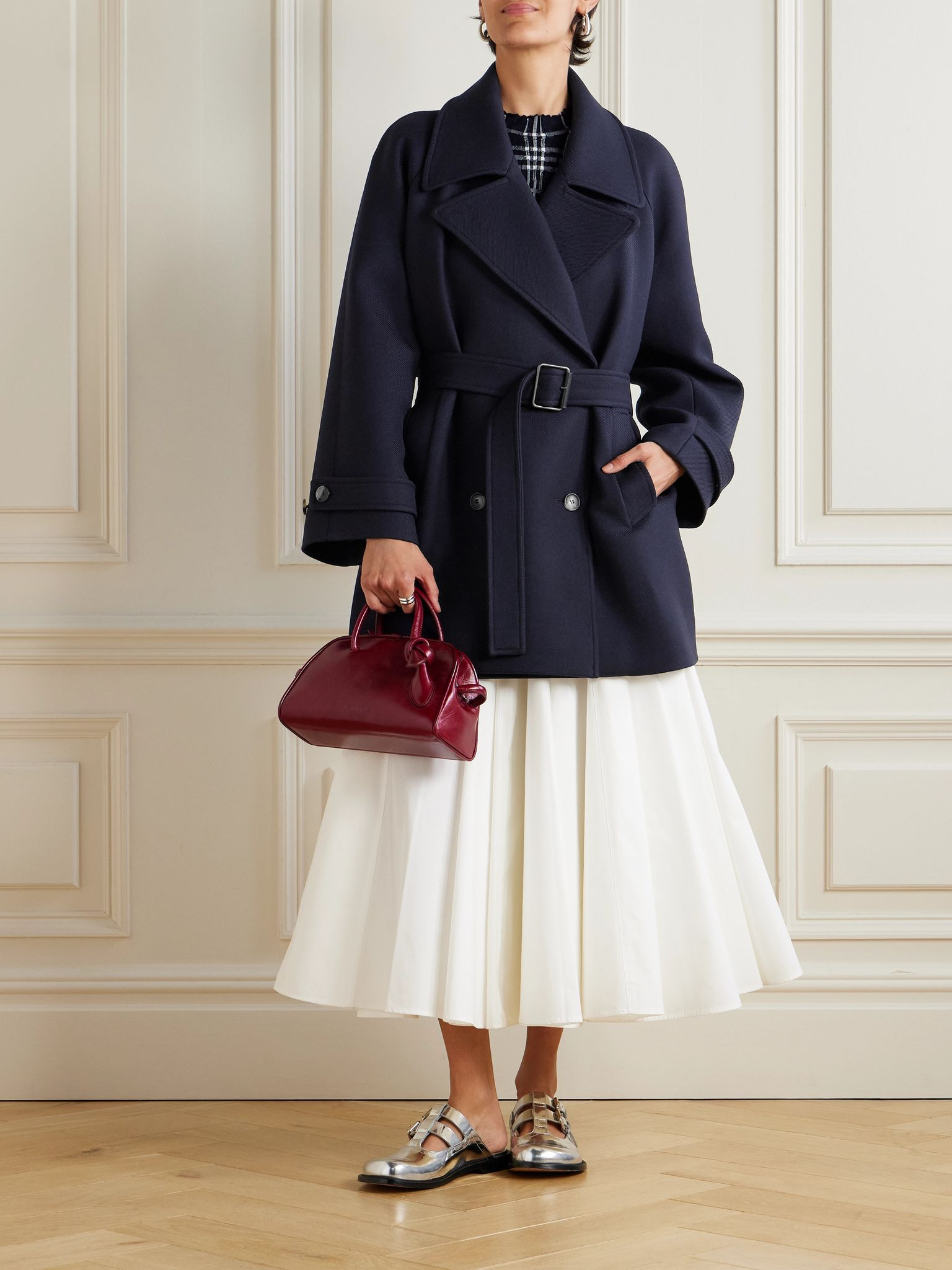 Double-breasted belted wool and silk-blend twill jacket Navy - 2