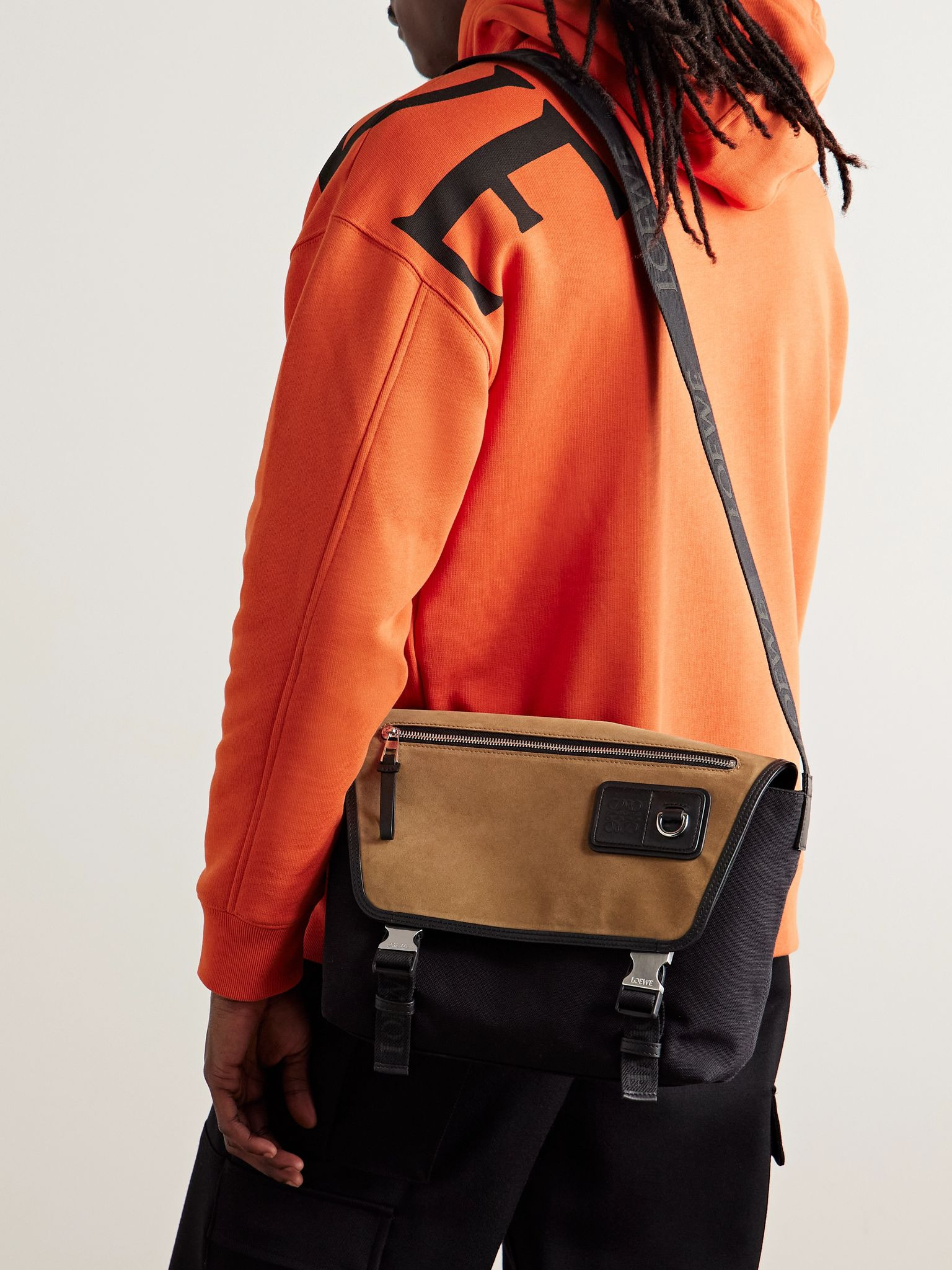 Leather-Trimmed Suede and Canvas Messenger Bag Black - 2
