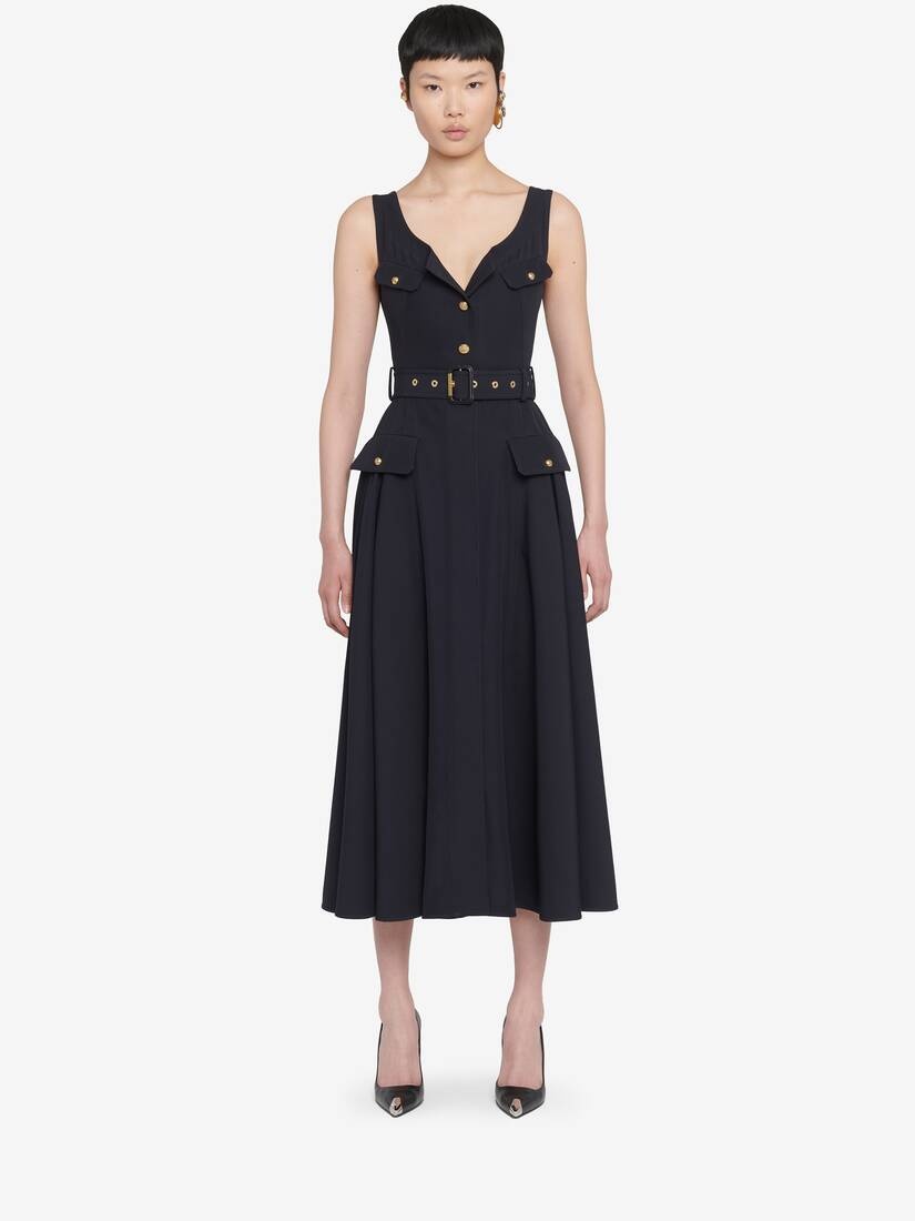 Women's Military Flared Dress in Navy - 2