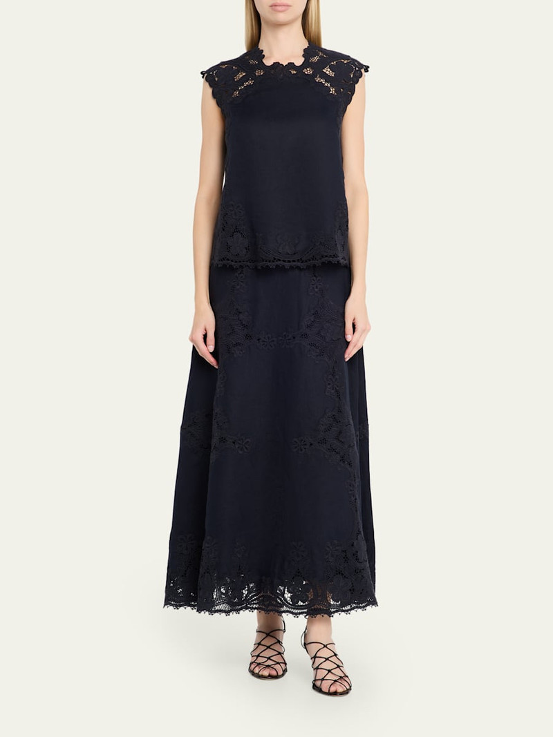 ULLA JOHNSON Fleur Embroidered Linen-Blend Midi Skirt outlook