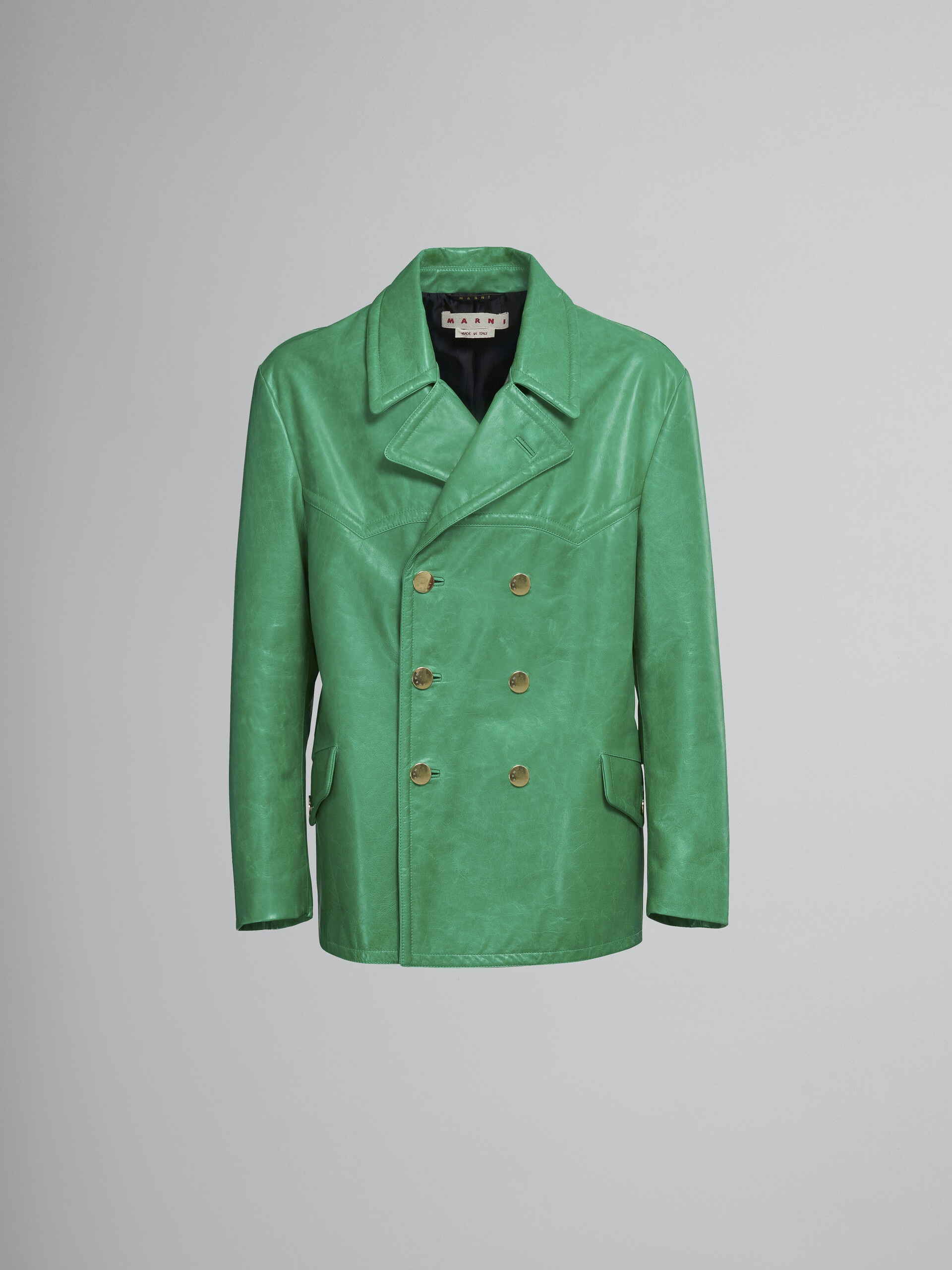 DOUBLE-BREASTED JACKET IN SHINY GREEN LEATHER - 1