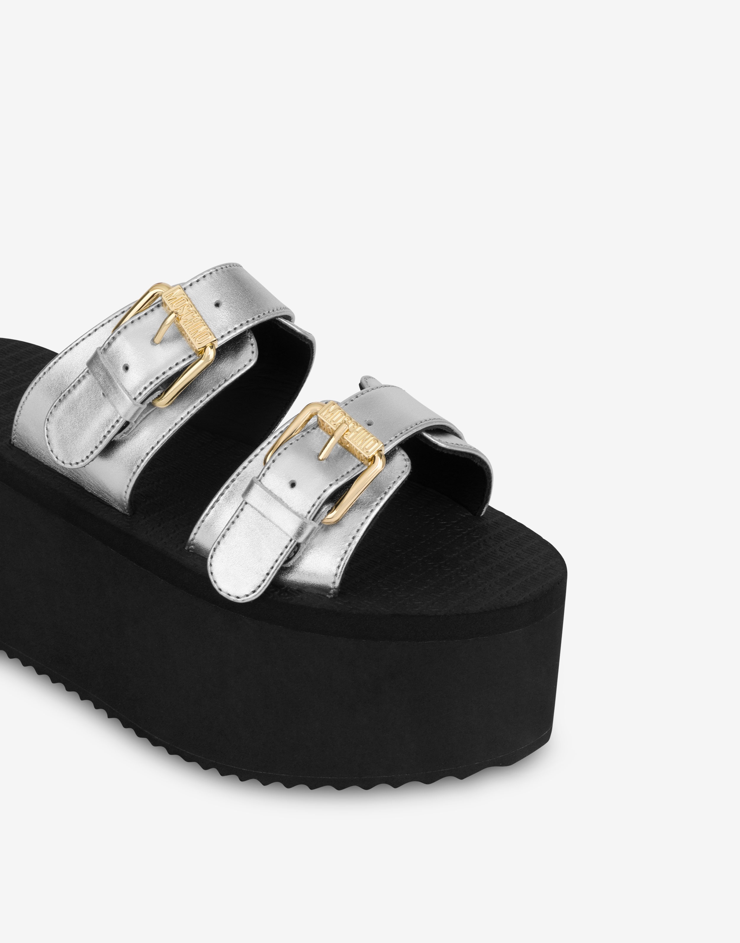 MOSCHINO BUCKLE LAMINATED WEDGE SANDALS - 3