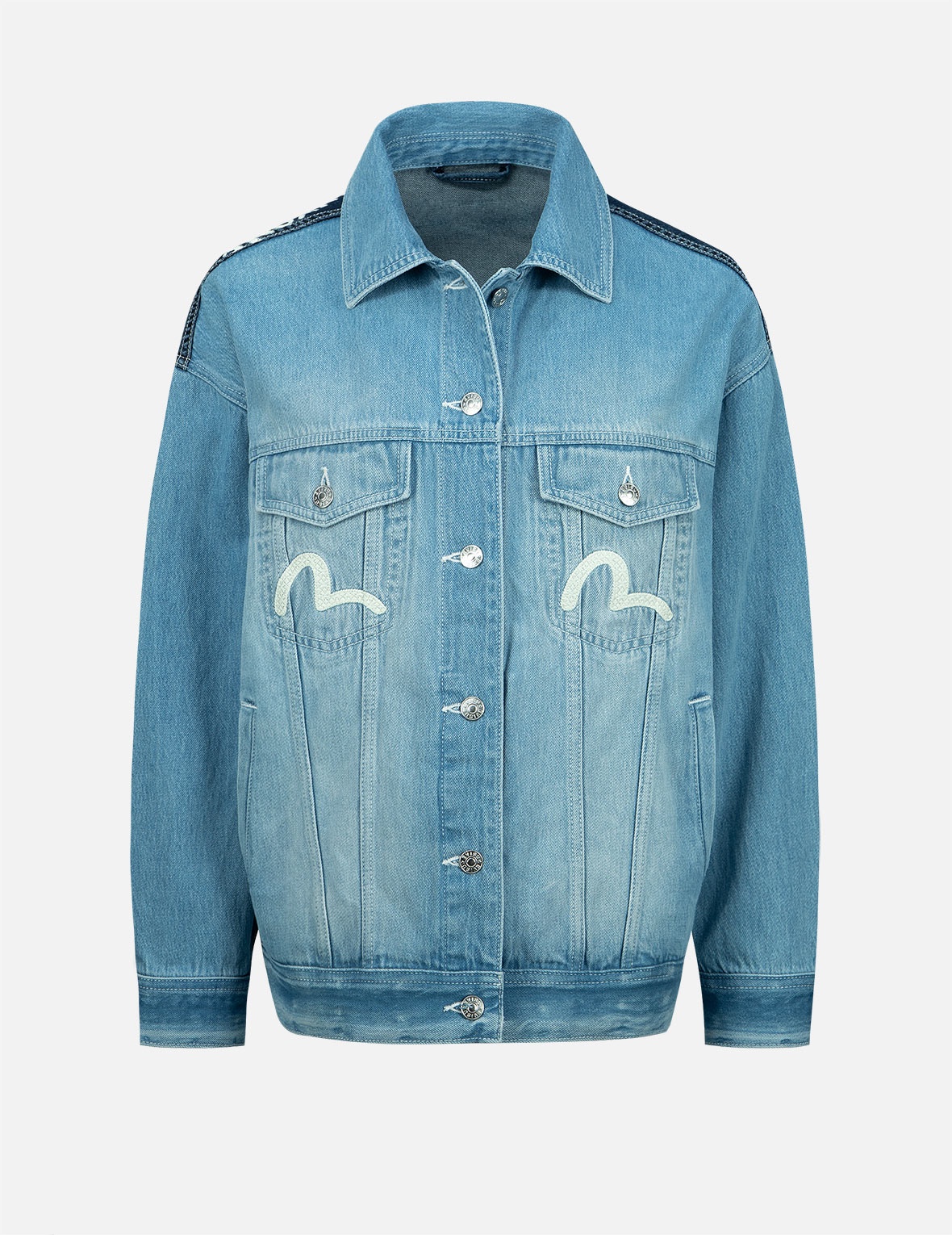 SEAGULL EMBROIDERY AND SLOGAN-PRINT BLOCKING DENIM JACKET - 2