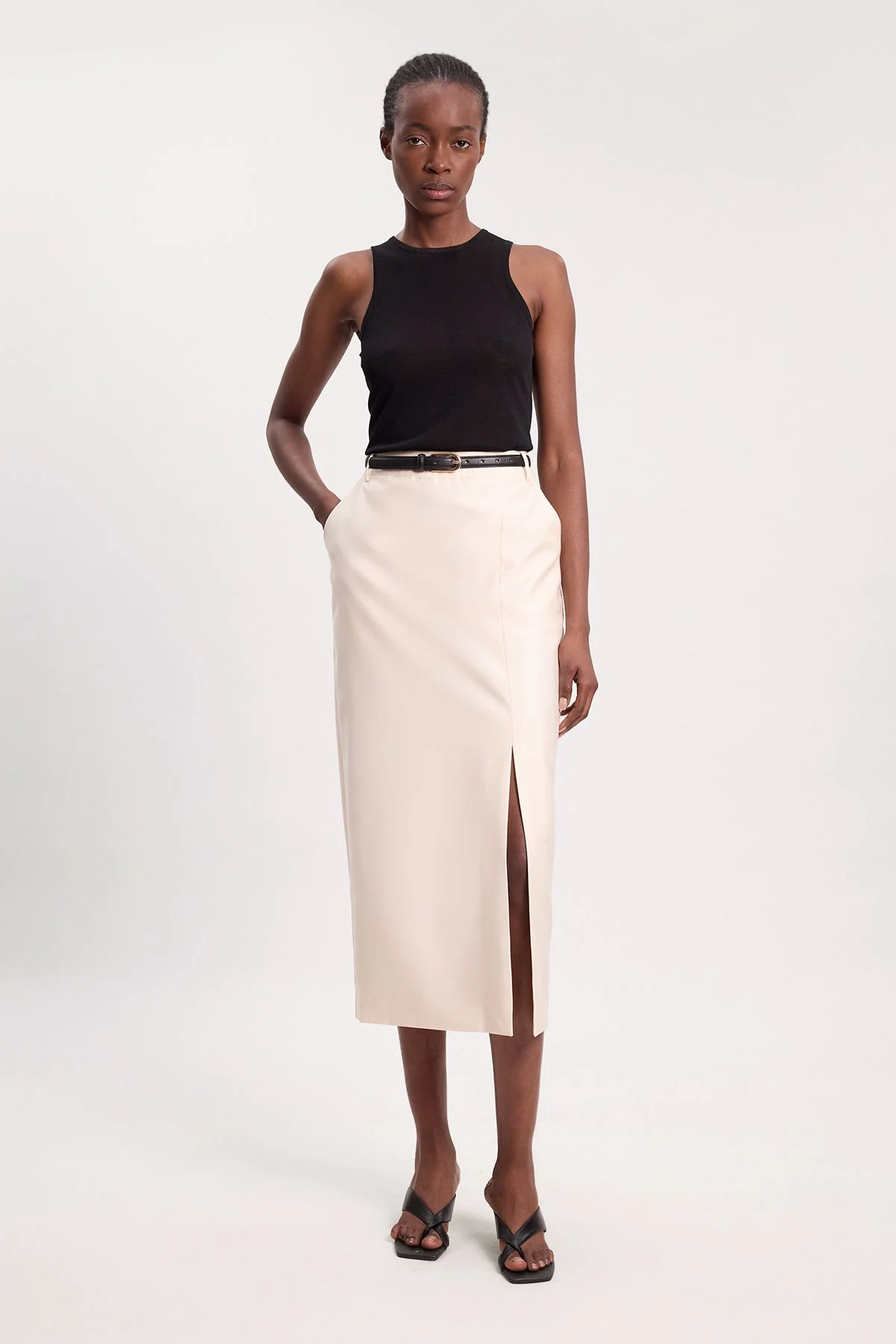 Tailored Satin Pencil Midi Skirt - 1