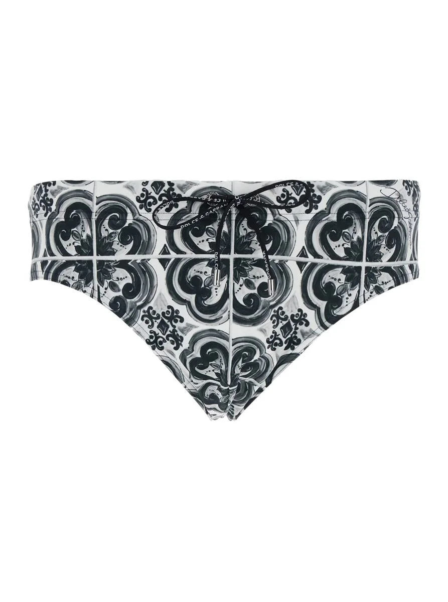 Dolce & Gabbana Black And White Swimsuit With All-Over Majolica Print In Techl Fabric Man - 1