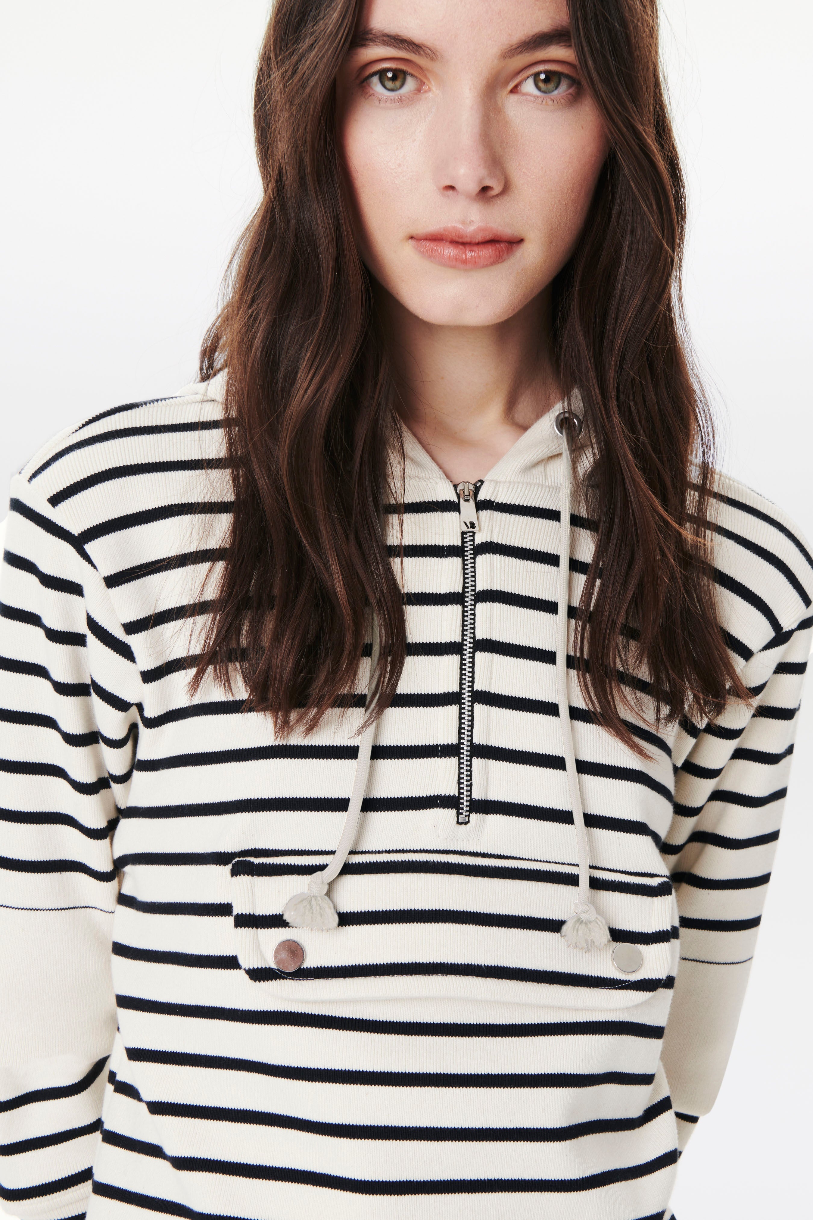 Front Pocket Hoodie in Ecru-Navy - 4