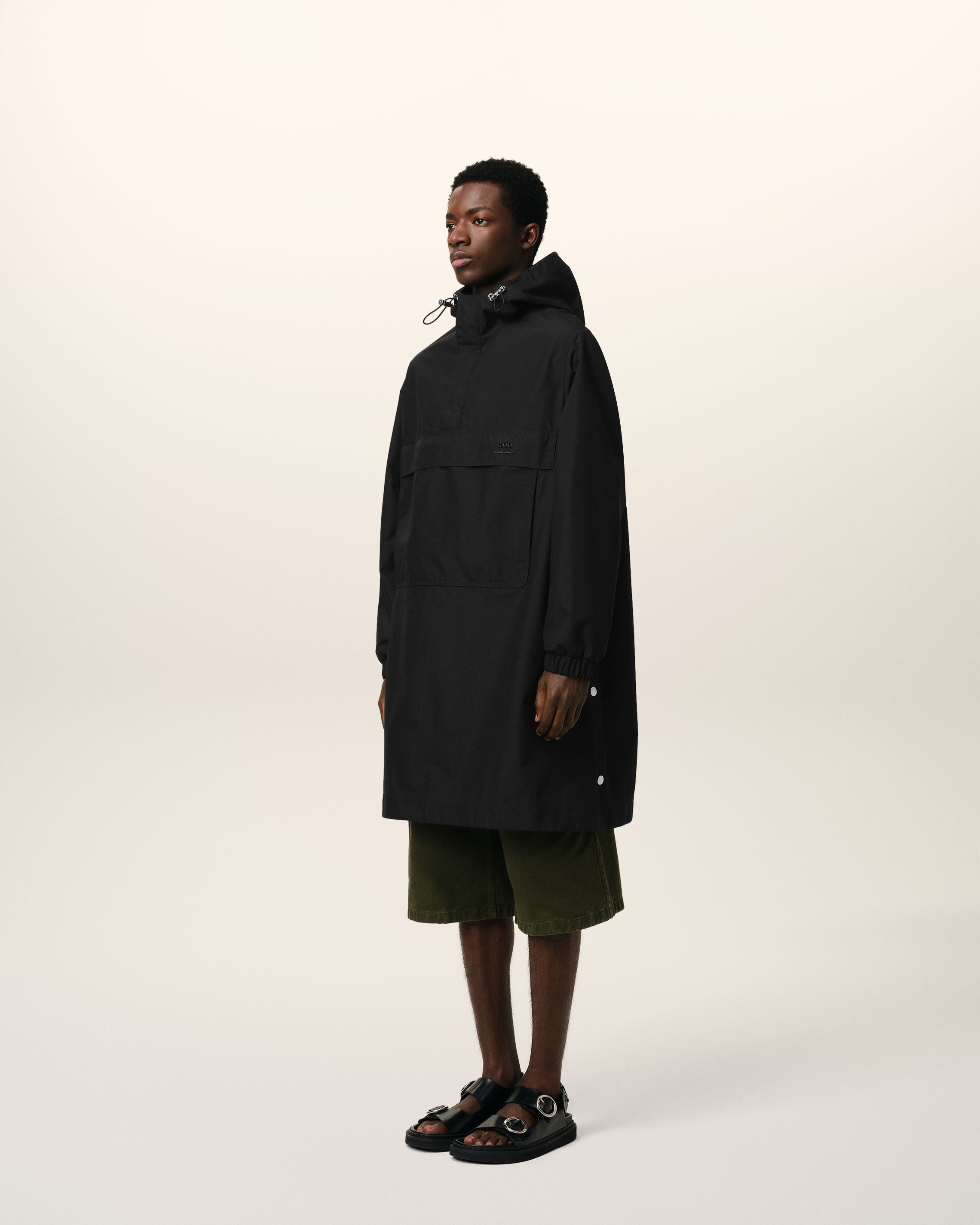 BLACK WATER-REPELLENT LONG HOODED WINDBREAKER - 6