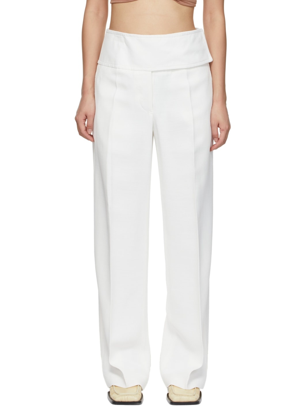 White Canvas Wide-Leg Trousers - 1
