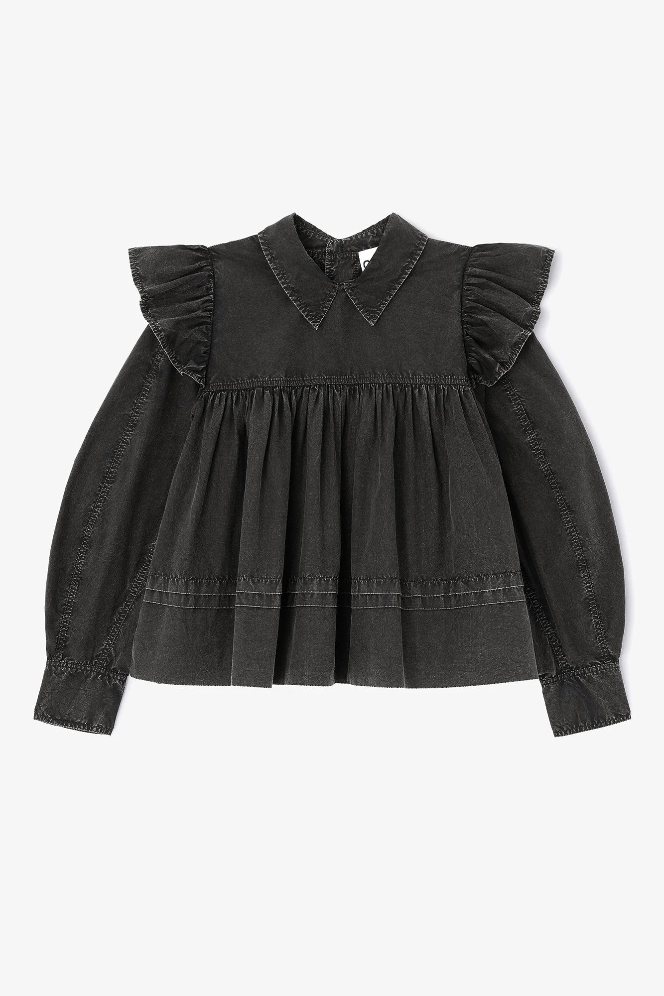 BLACK WASHED FRILL BLOUSE - 1