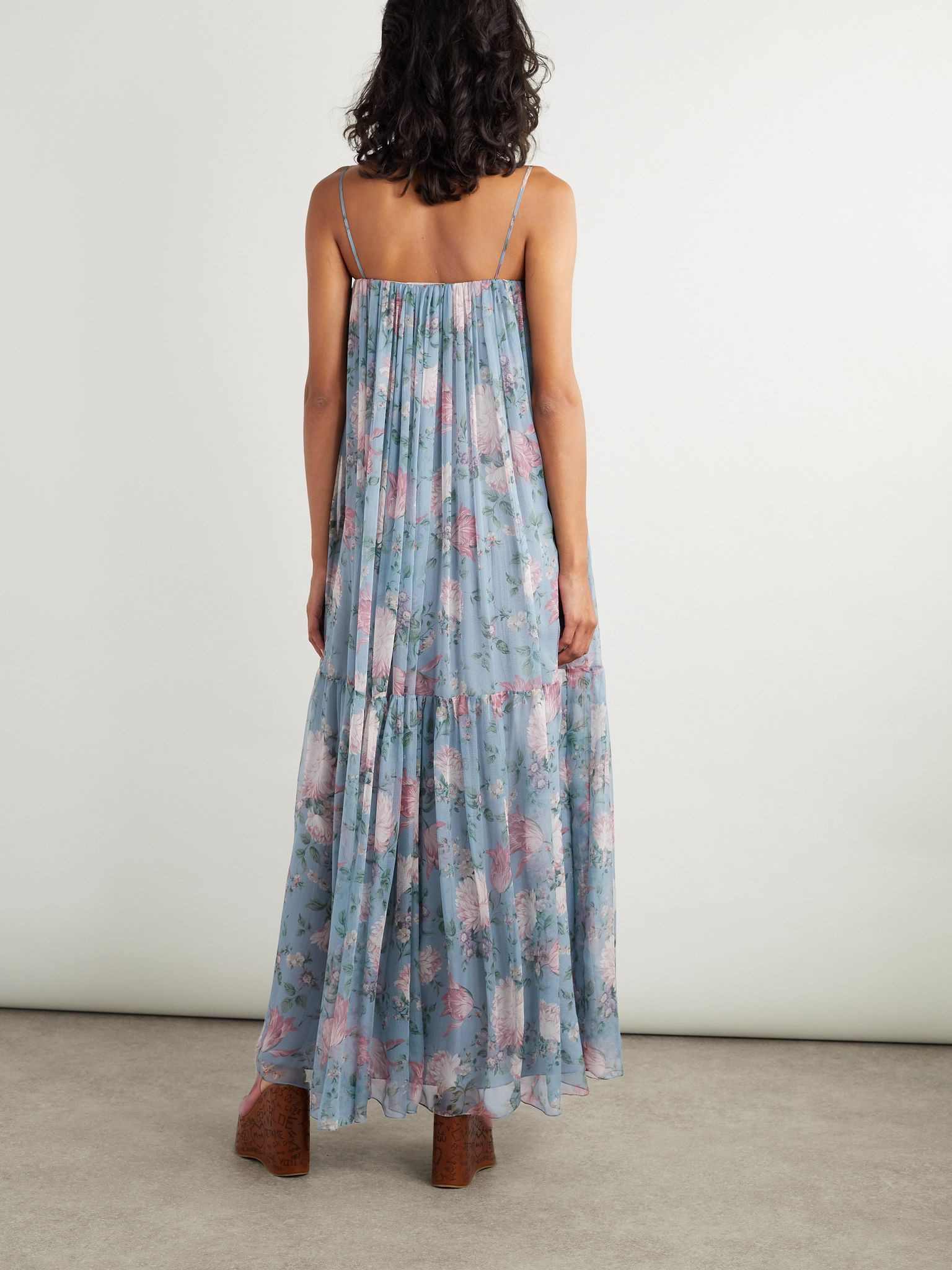Gathered floral-print silk maxi dress Blue - 3