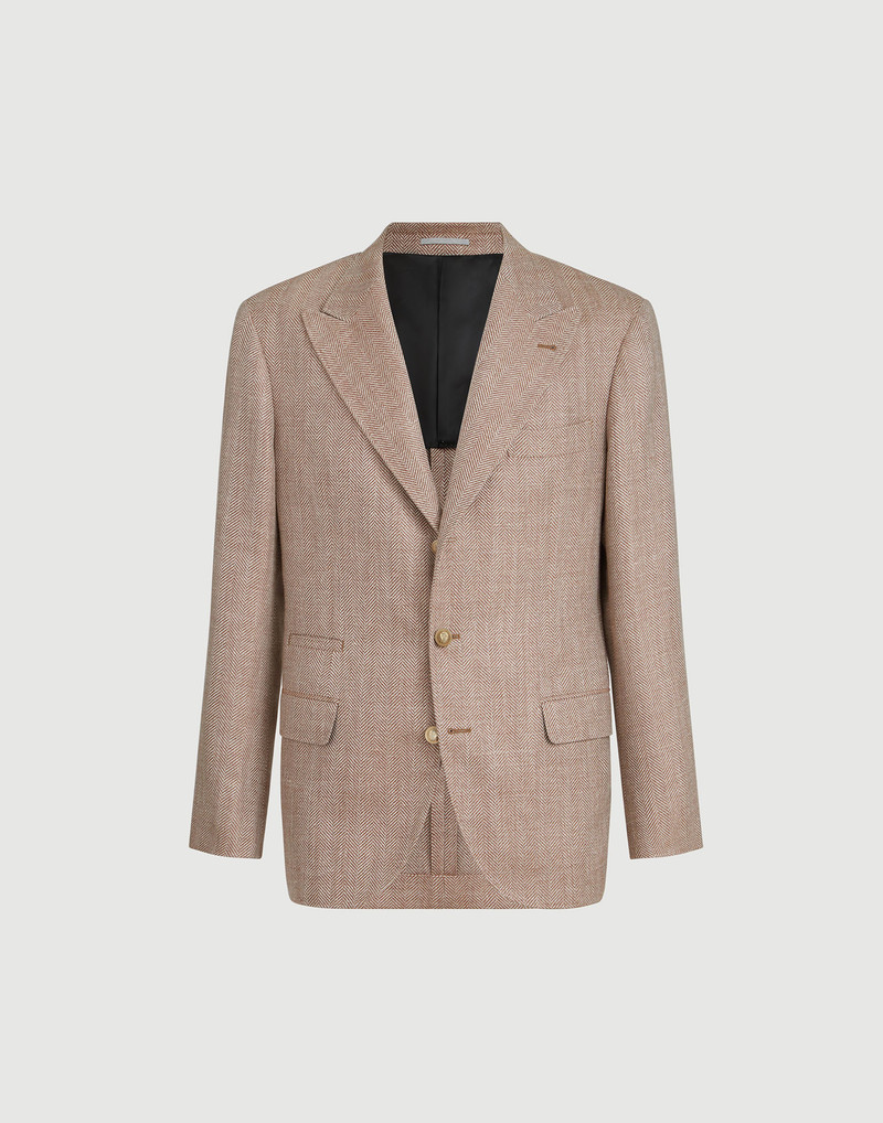 Virgin wool, silk and linen chevron deconstructed blazer with peak lapels and metal buttons 1