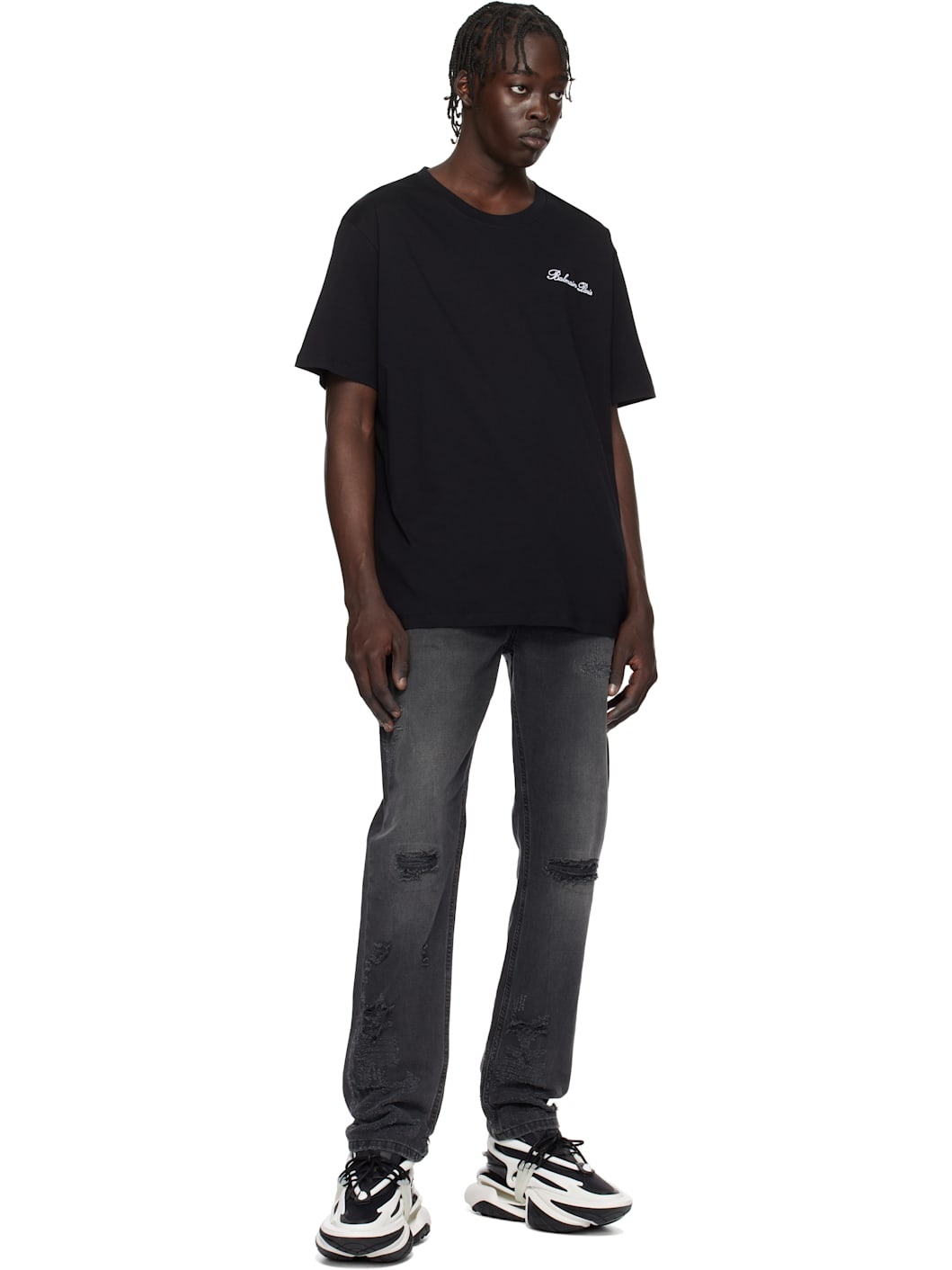 Black Loose 'Balmain' Signature Embroidery T-shirt - 4