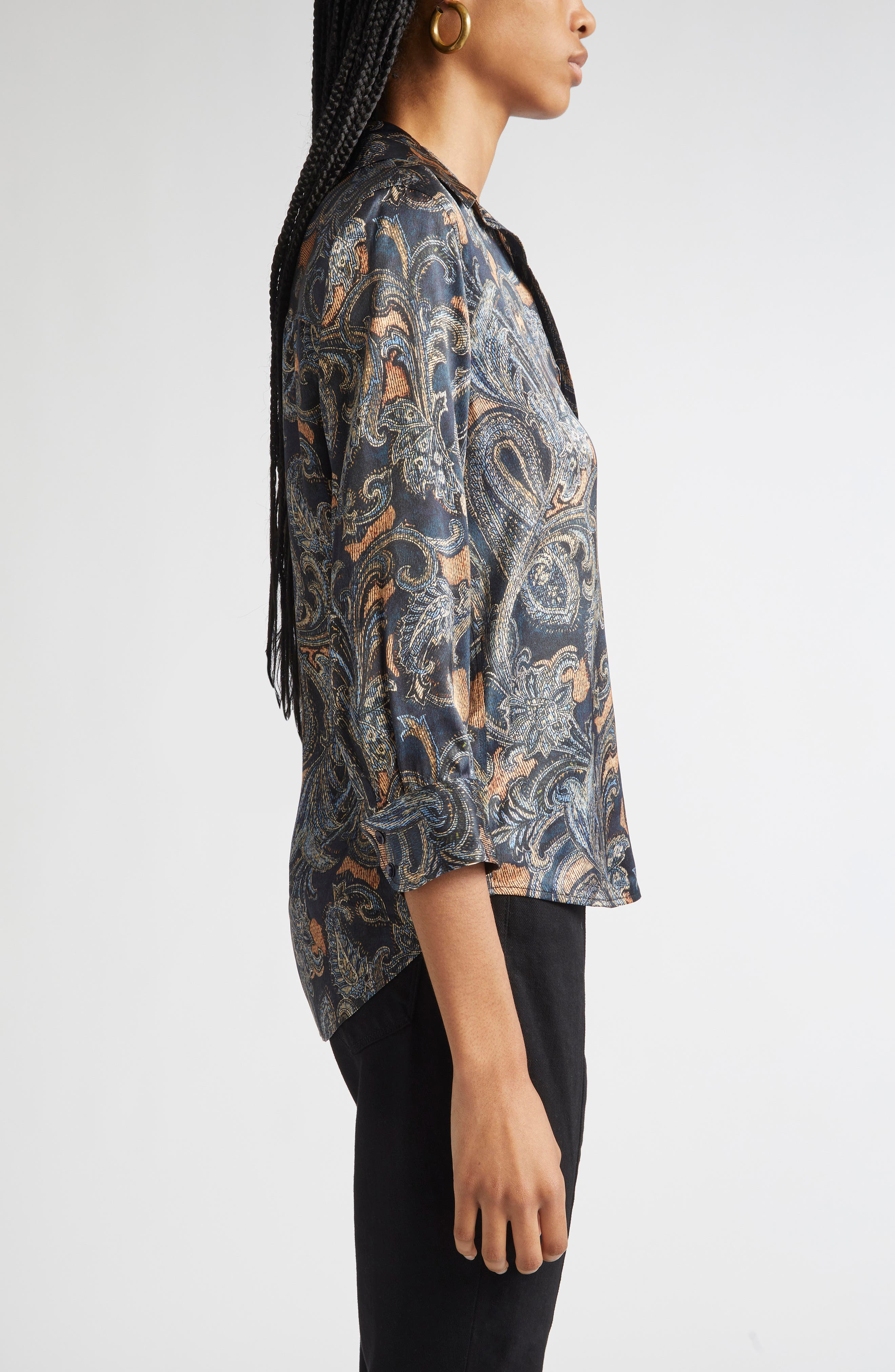 L'AGENCE Dani Print Three-Quarter Sleeve Silk Button-Up Shirt in Midnight Multi Etched Paisley at No - 4