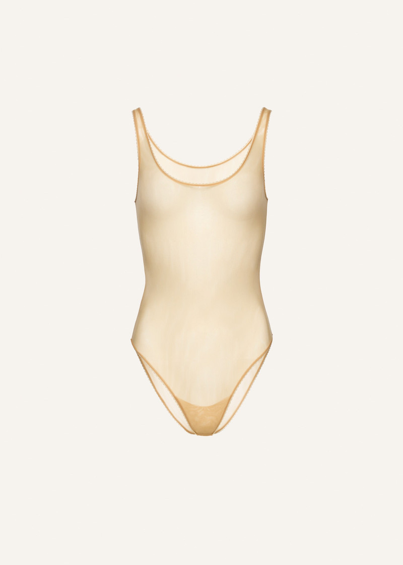 Mesh scalloped bodysuit in nude - 1
