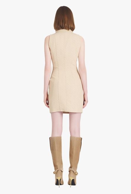 Short nude and white Balmain monogram jacquard dress with gold-tone double-buttoned fastening - 3