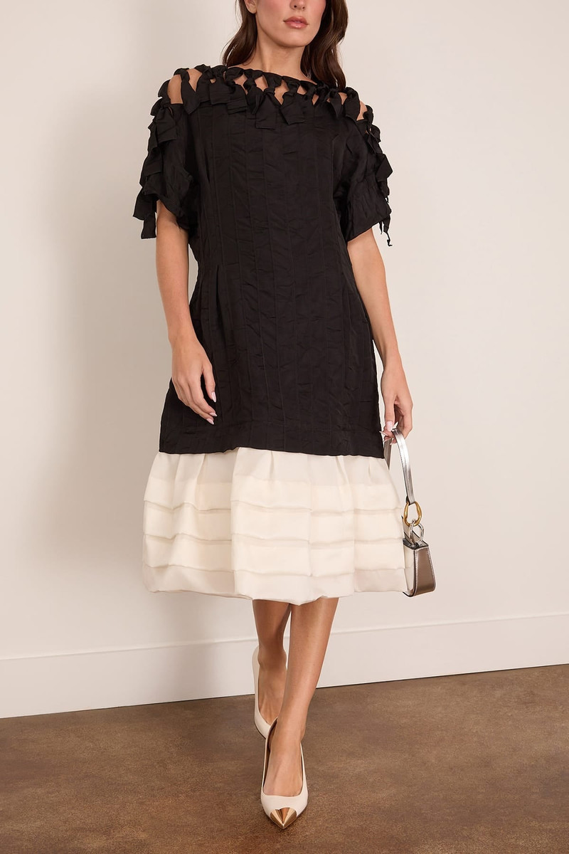 Lanvin Pleated Bi-Material Dress in Ecru outlook
