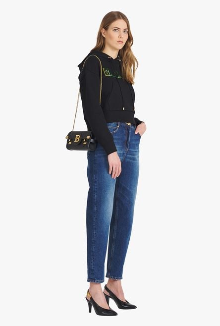 Cropped black cotton sweatshirt with gold Balmain logo - 2