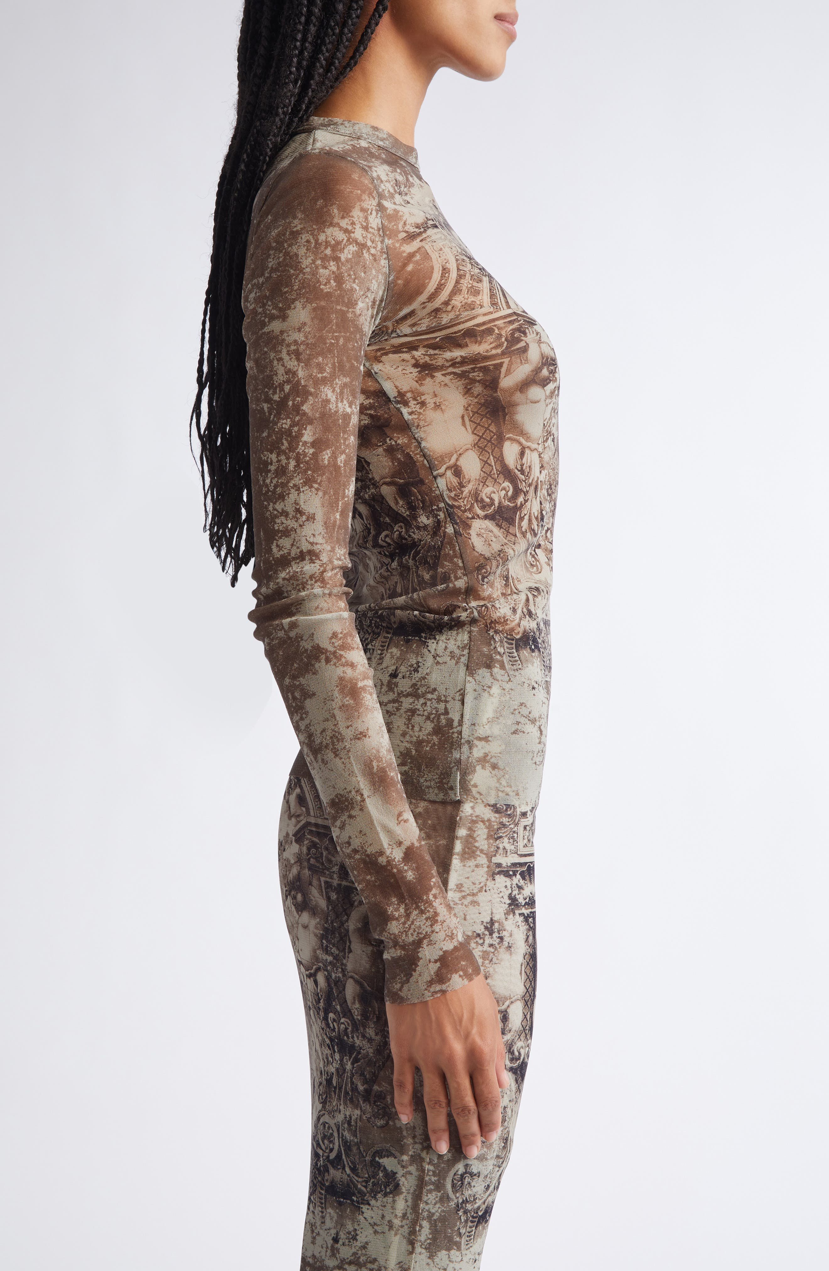 Jean Paul Gaultier Medallion Print Long Sleeve Mesh Top in Light Beige/Taupe at Nordstrom - 4
