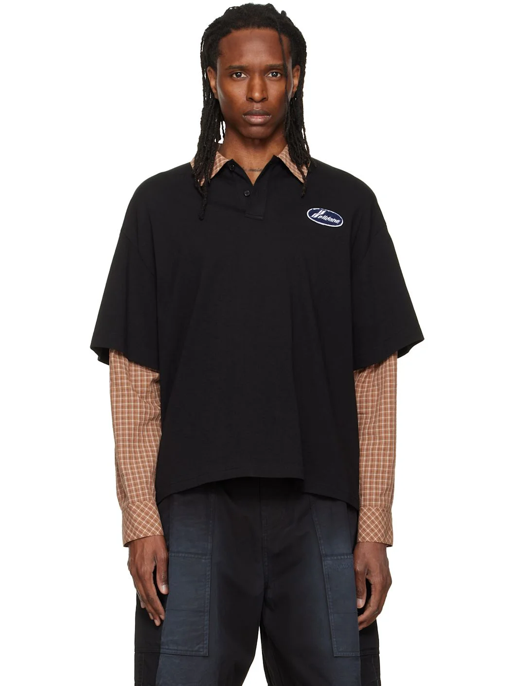 Black 'Se11done' Layered Long-Sleeve Polo - 1