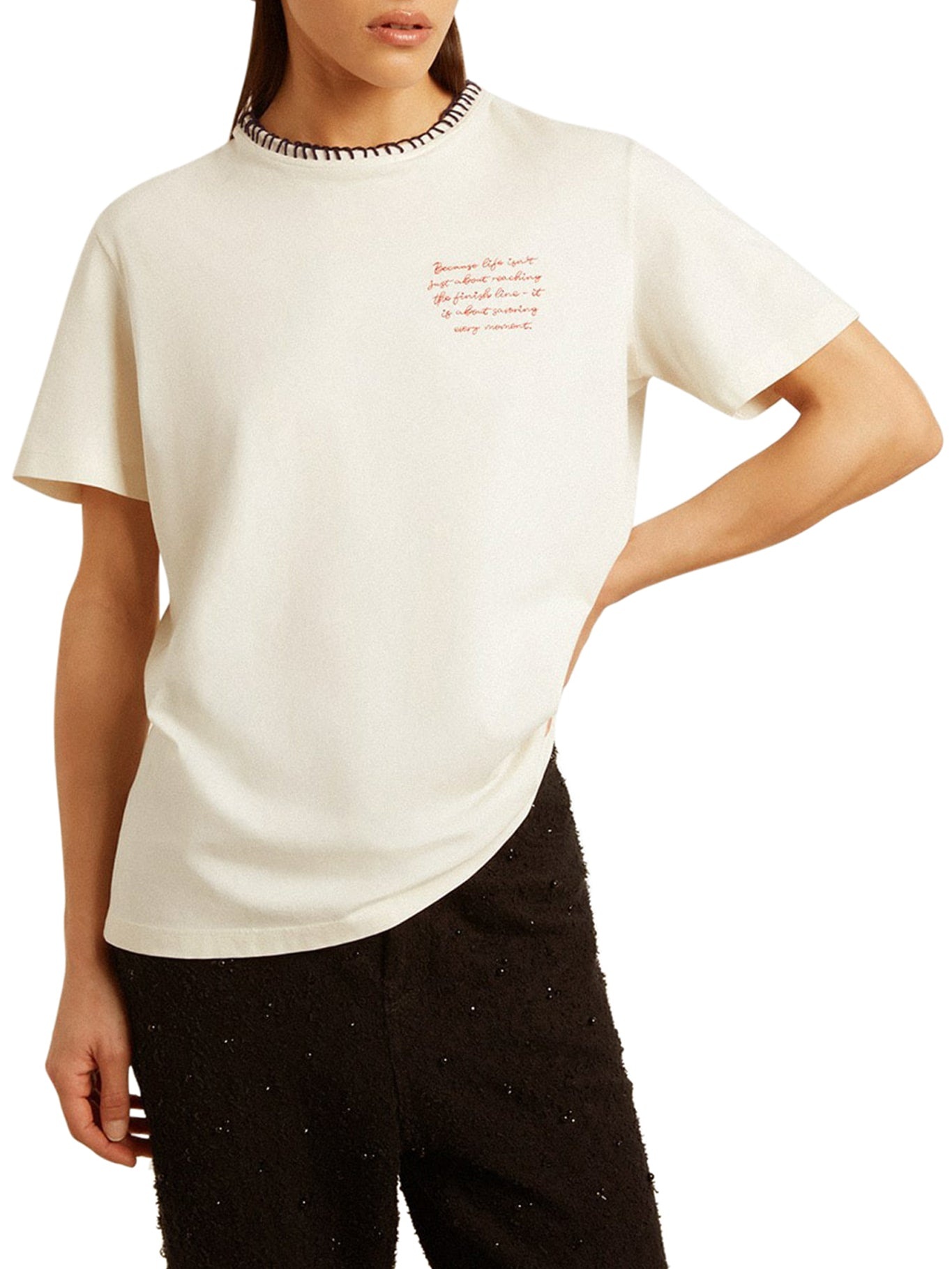 WOMEN`S WORN-WHITE COTTON T-SHIRT WITH HAND EMBROIDERY - 3