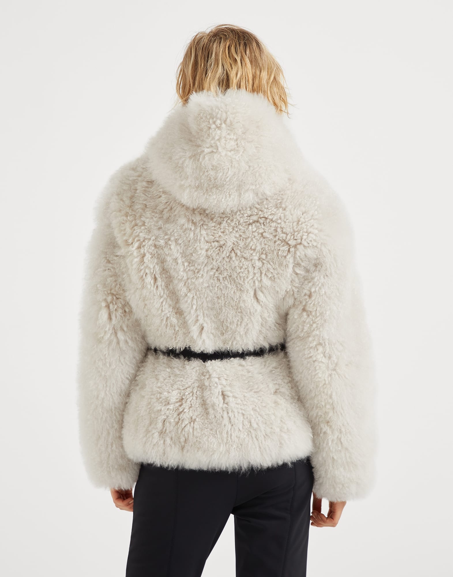 Plush cashmere shearling hooded and belted outerwear jacket with shiny zipper pull - 2