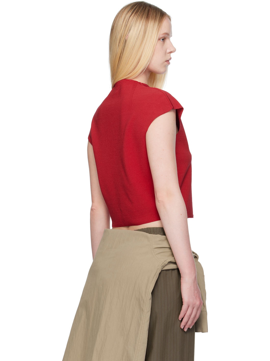 Red Wholegarment Cap Sleeve Cardigan Vest - 3