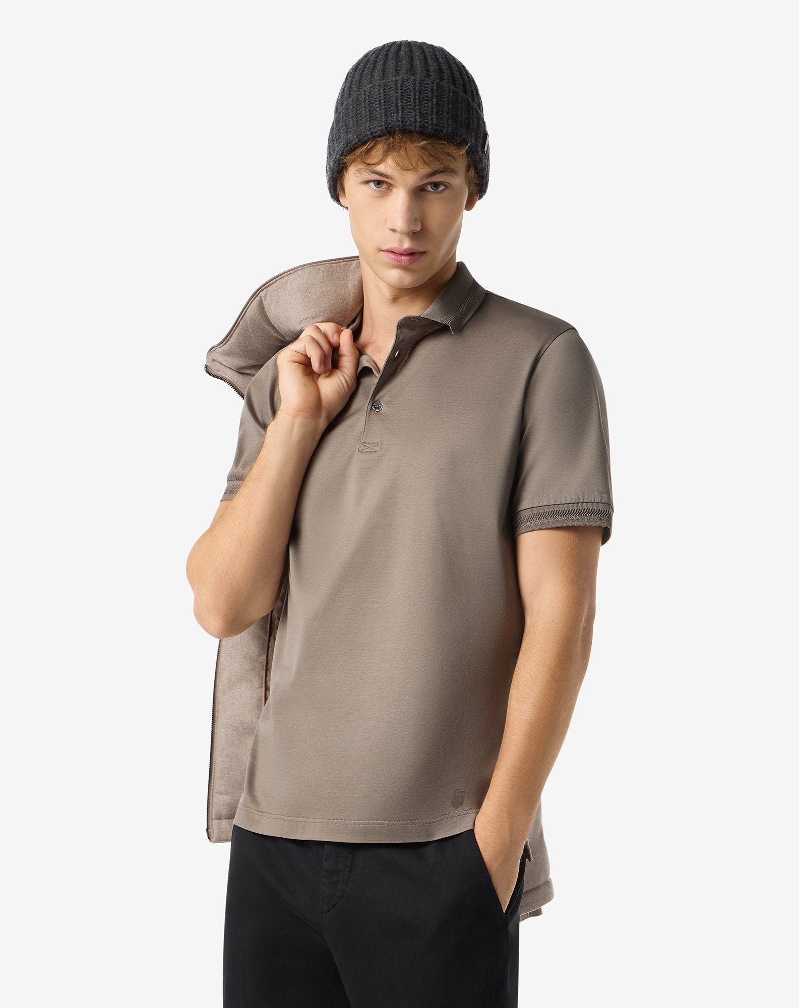 Taupe button-up polo shirt in lisle cotton - 2