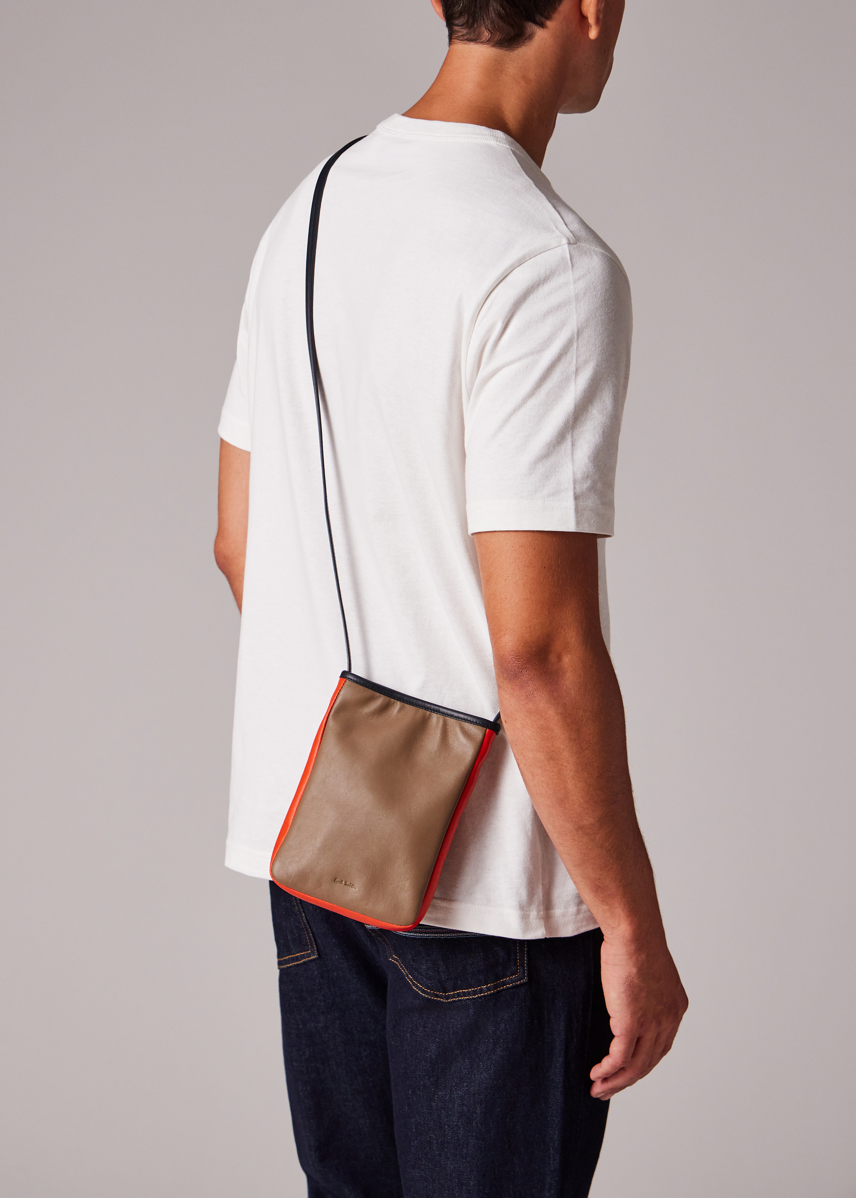 Taupe Colour-Block Leather Pouch Bag - 8