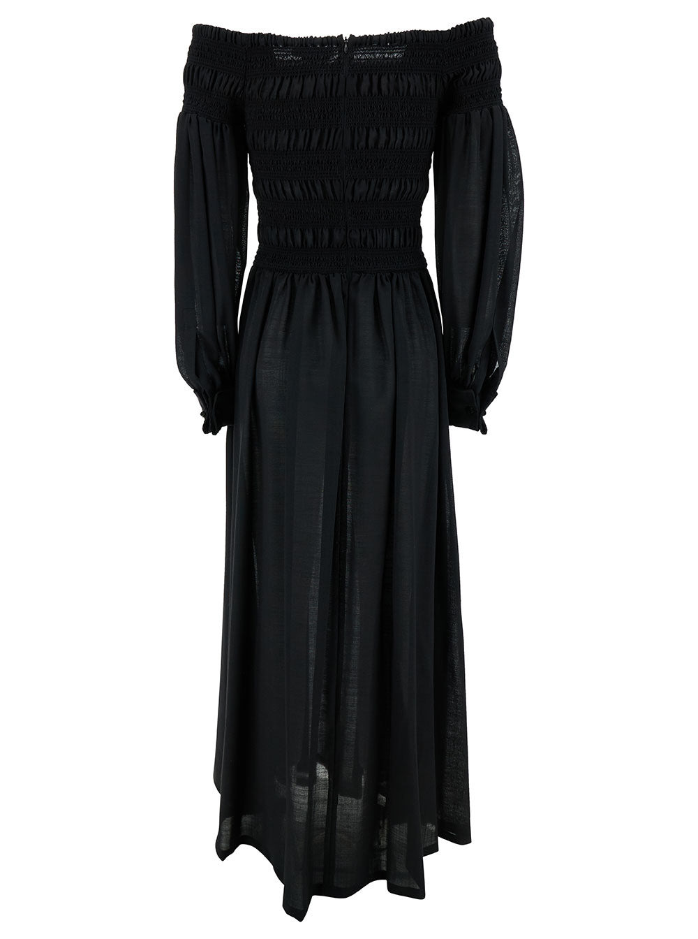 Max Mara Women 'Manu' Long Black Off-Shoulder Dress With Puff Sleeves In Lightweight Wool Woman - 2
