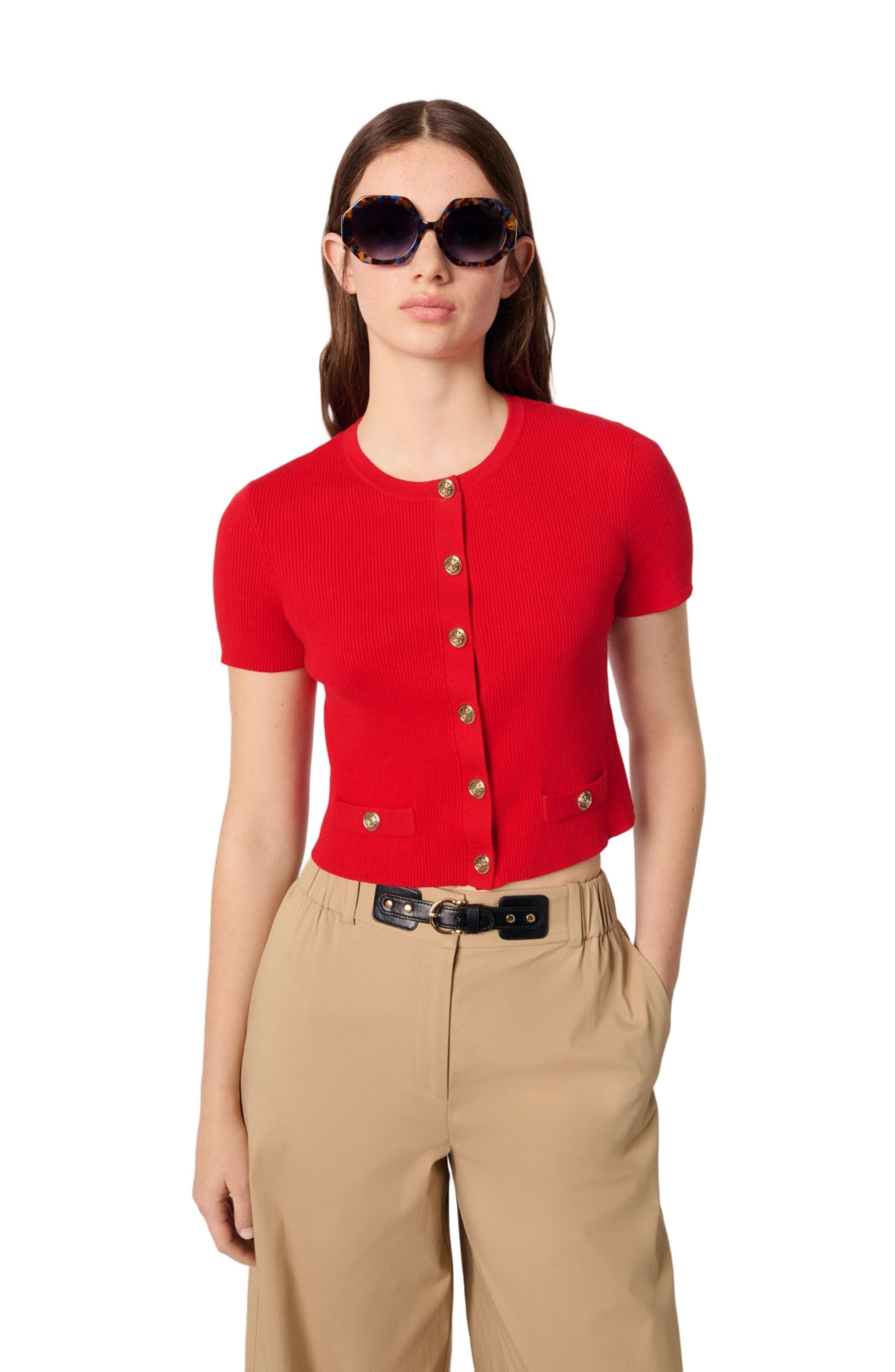 maje Cropped cardigan with gold buttons in Red at Nordstrom - 5