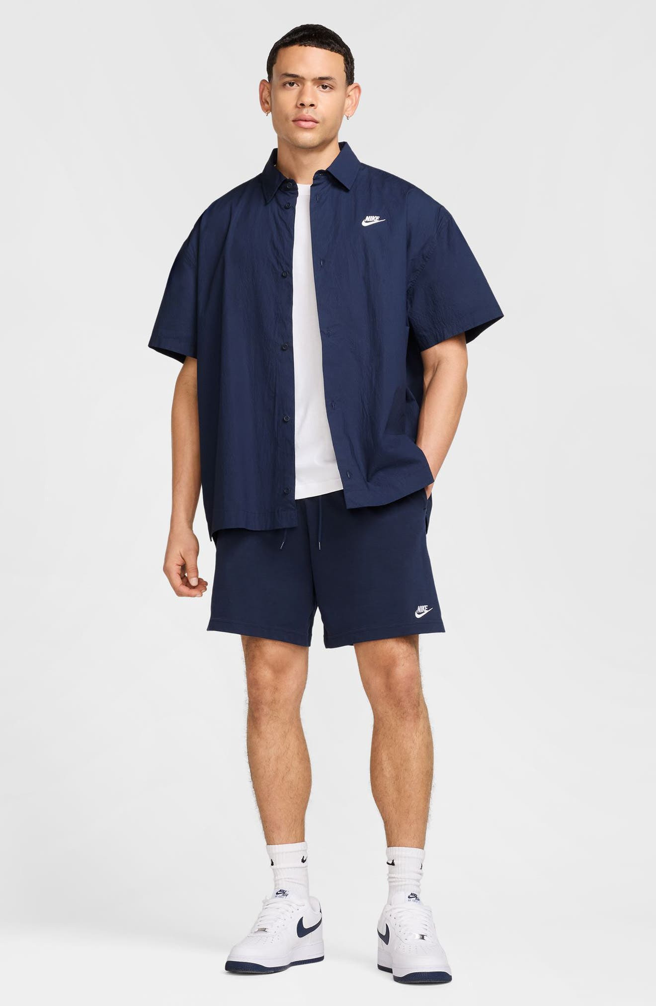 Nike Club Short Sleeve Button-Up Oversize Shirt in Obsidian/White at Nordstrom - 5