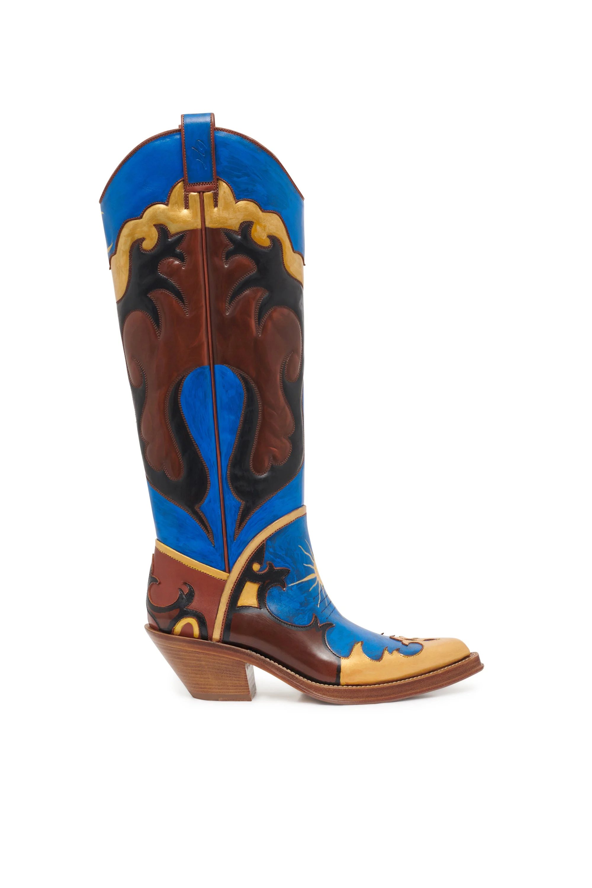 Hand Painted Capitana Cowboy Boot in Cognac, Blue & Gold Leather - 1