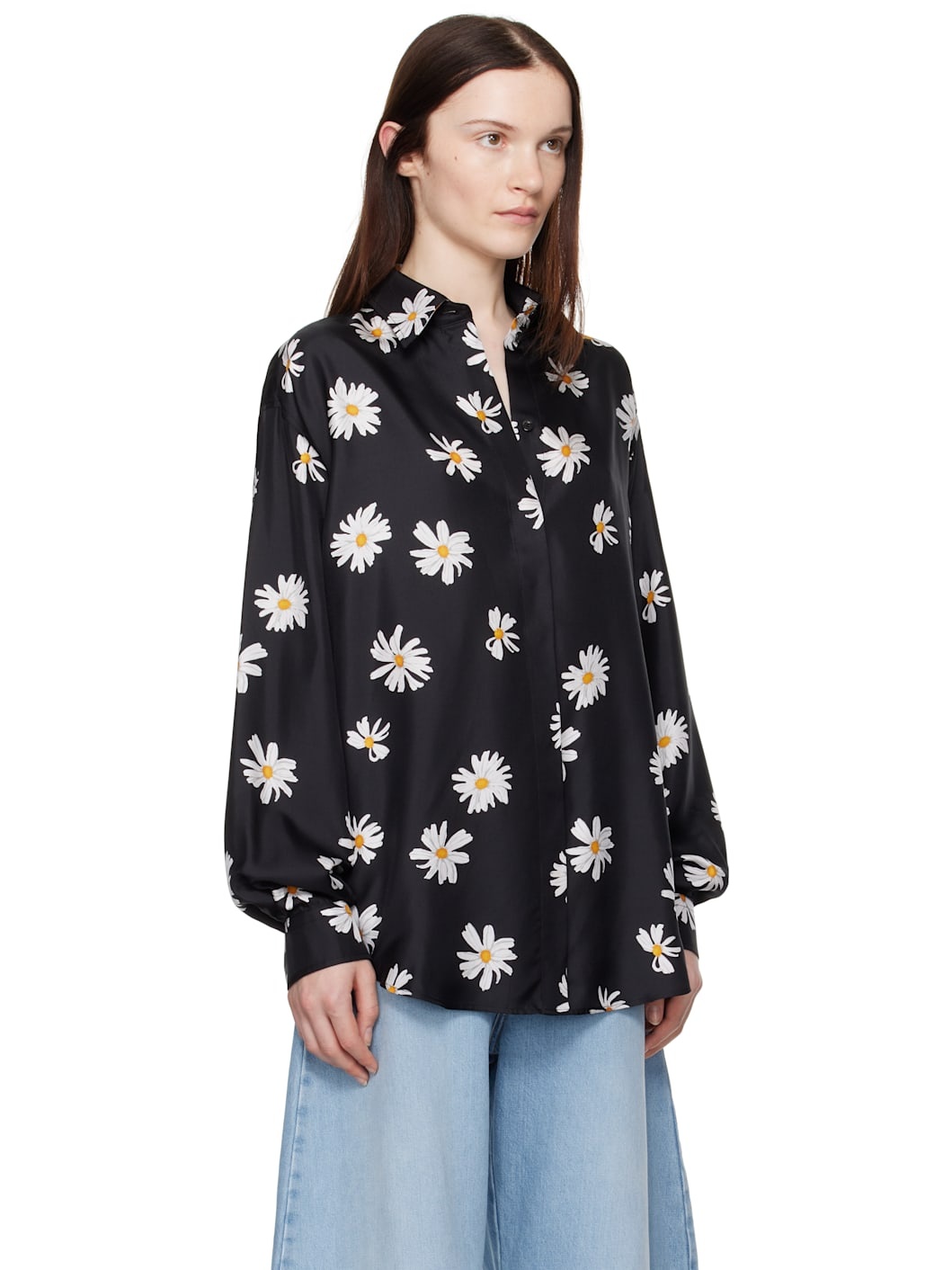 Black Silk Twill Allover Daisy Shirt - 2