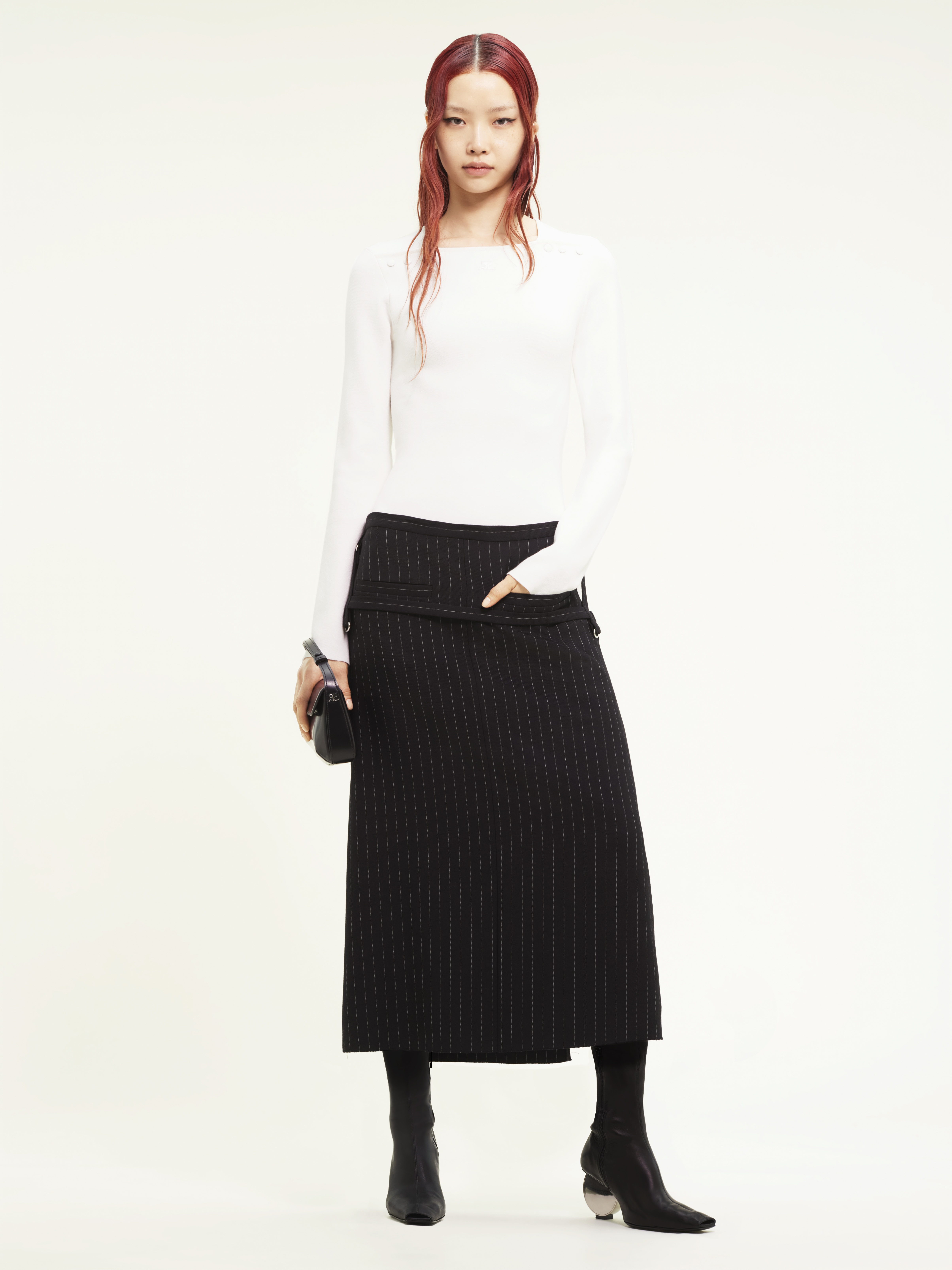 ONE STRAP PINSTRIPES WOOL SKIRT - 4