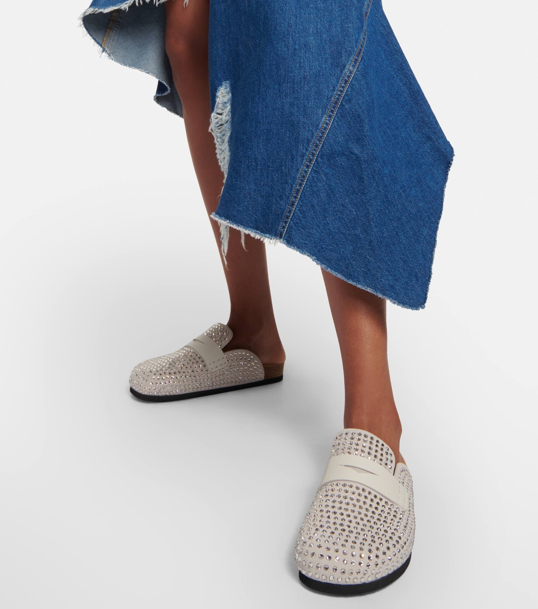 Crystal-embellished suede slippers - 4