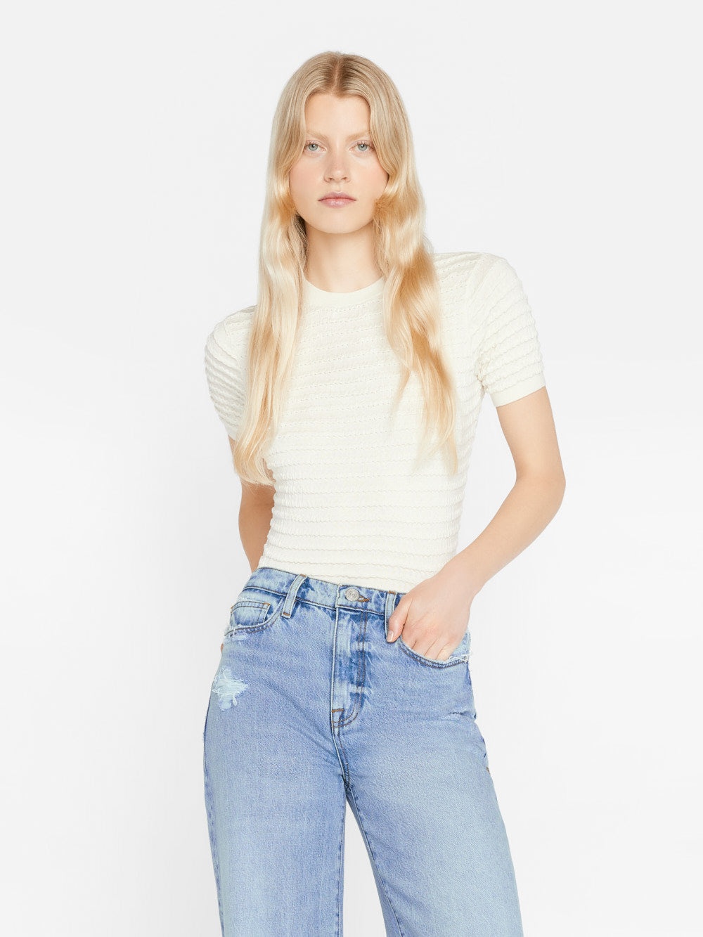 Smocked Short Sleeve Sweater in Blanc - 2