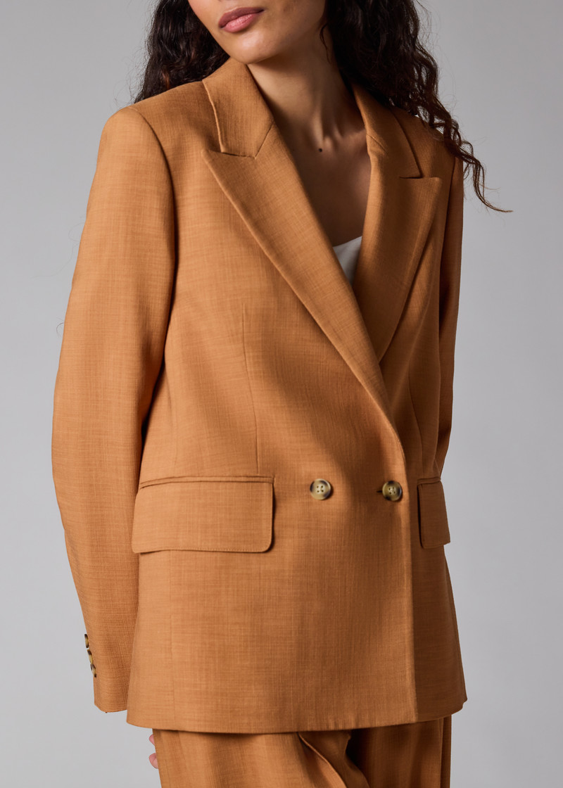 Women's Tan Textured Double-Breasted Blazer 10