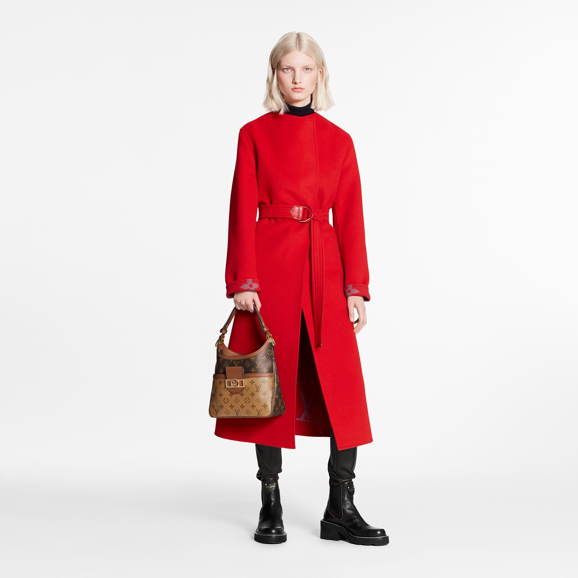 Collarless Red Wool Wrap Coat - 2