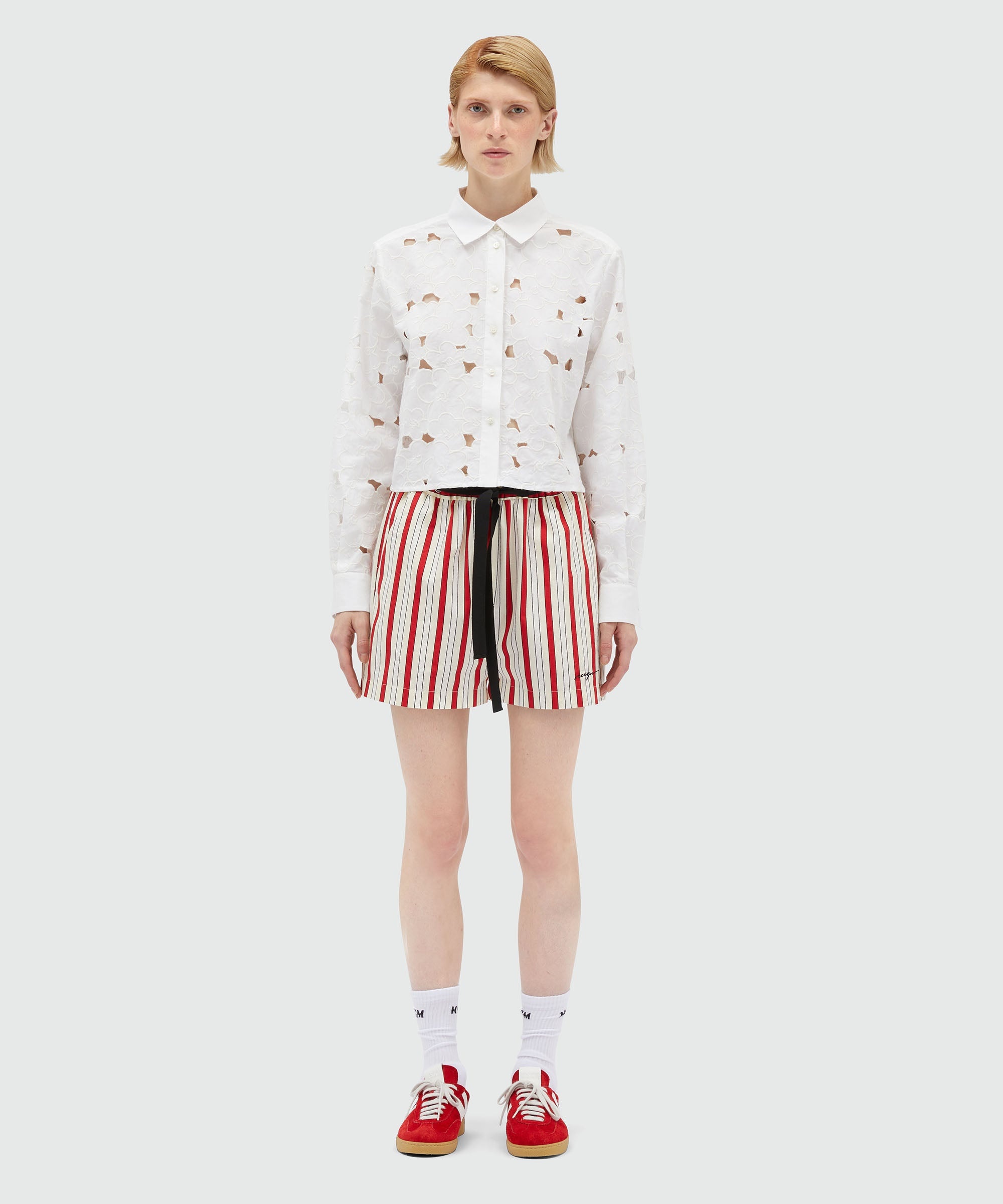 Striped poplin shorts with ribbon at the waist - 2