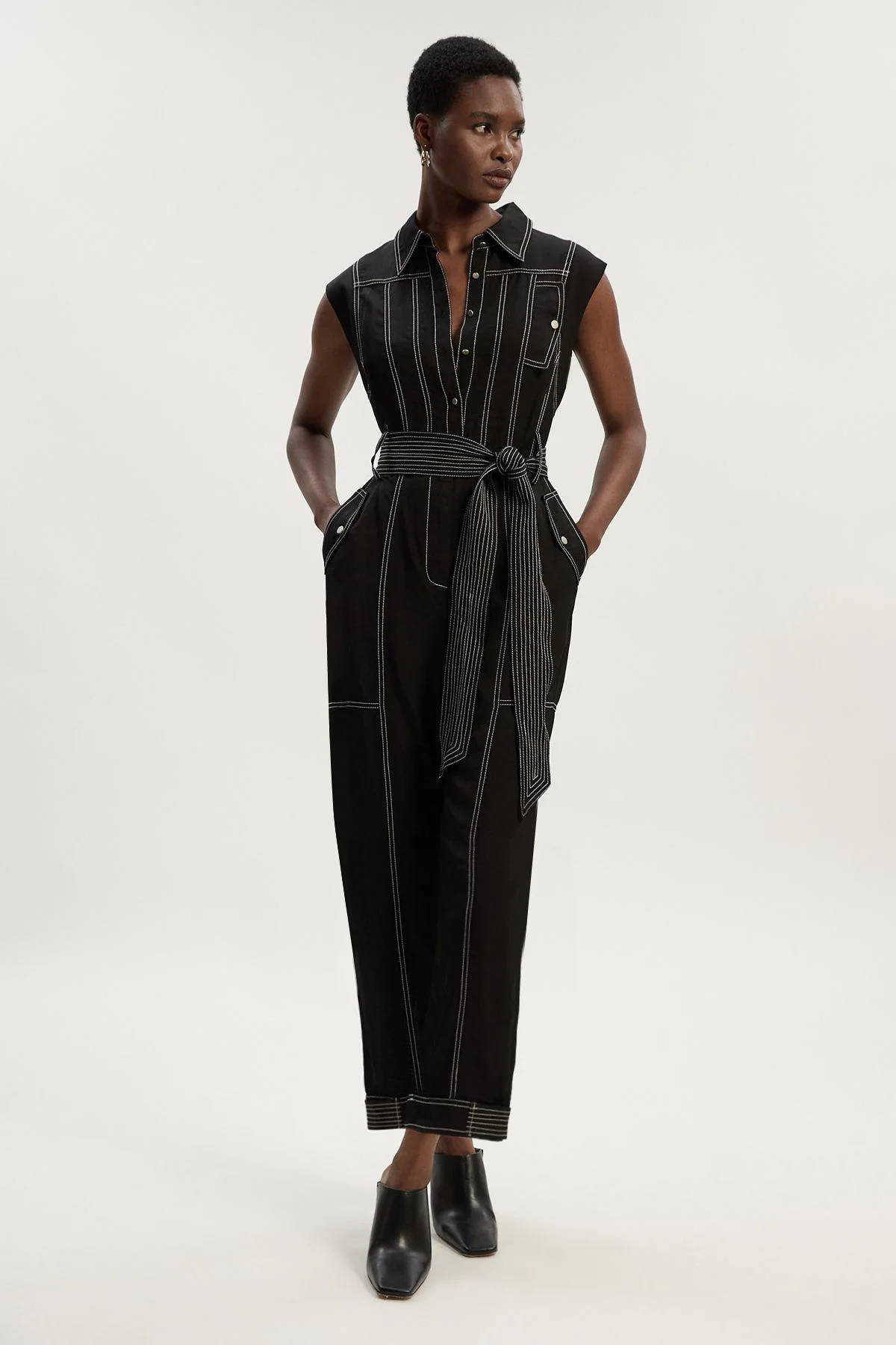 Tall Premium Linen Twill Topstitch Woven Jumpsuit - 1