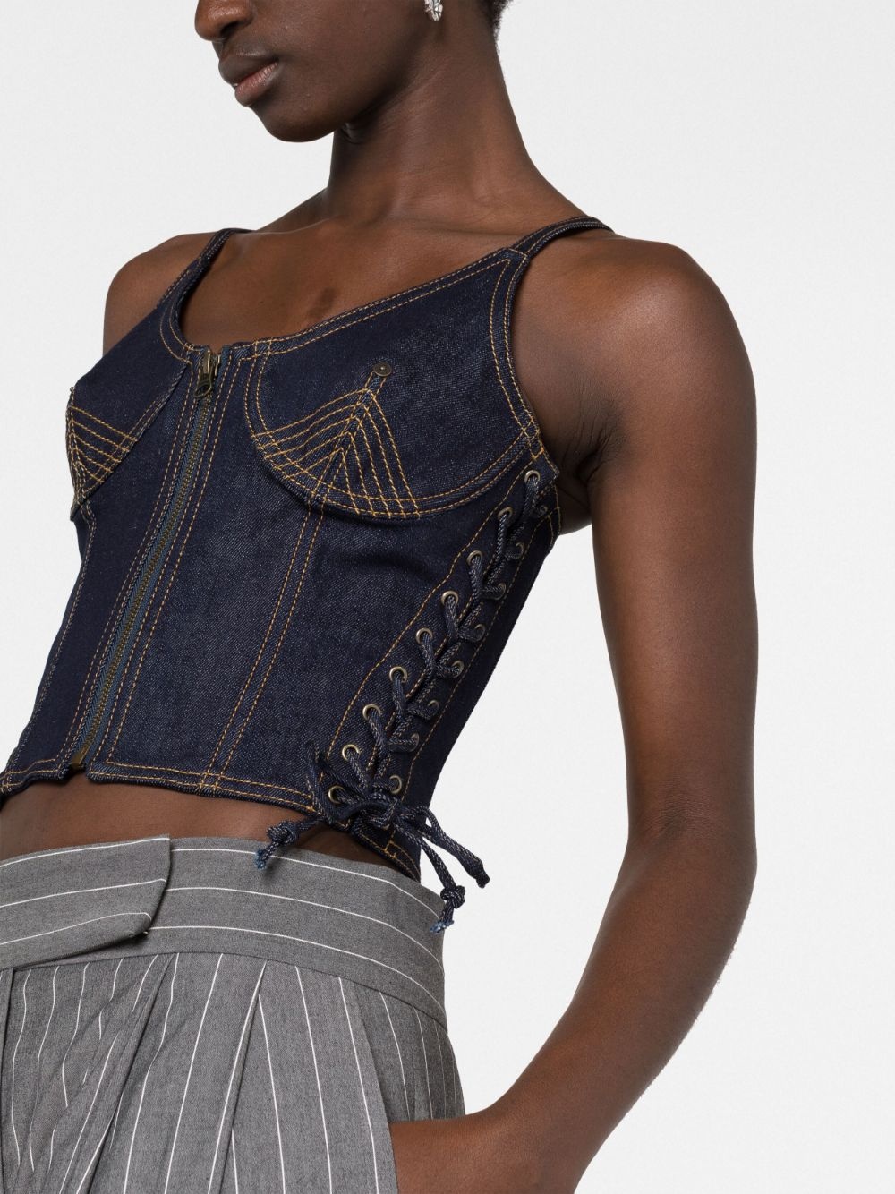 contrast-stitching denim corset top - 3